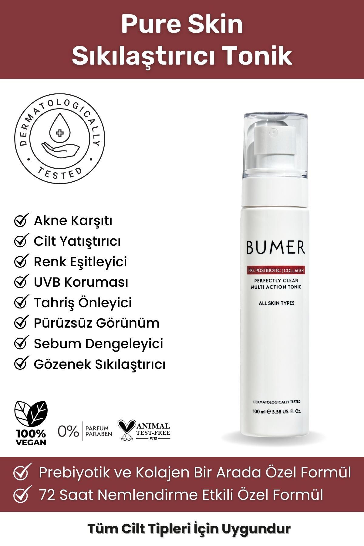 BUMER Pure Skin Gözenek Sıkılaştırıcı Çok Amaçlı Cilt Tonu Eşitleyici Ve Kırışıklık Karşıtı Tonik 100 Ml