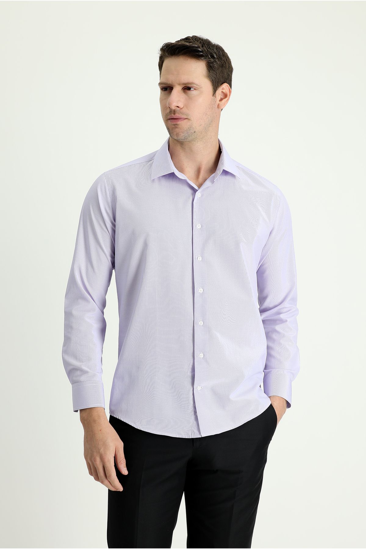 Kiğılı Uzun Kol Slim Fit Dar Kesim Klasik Çizgili Pamuklu Gömlek
