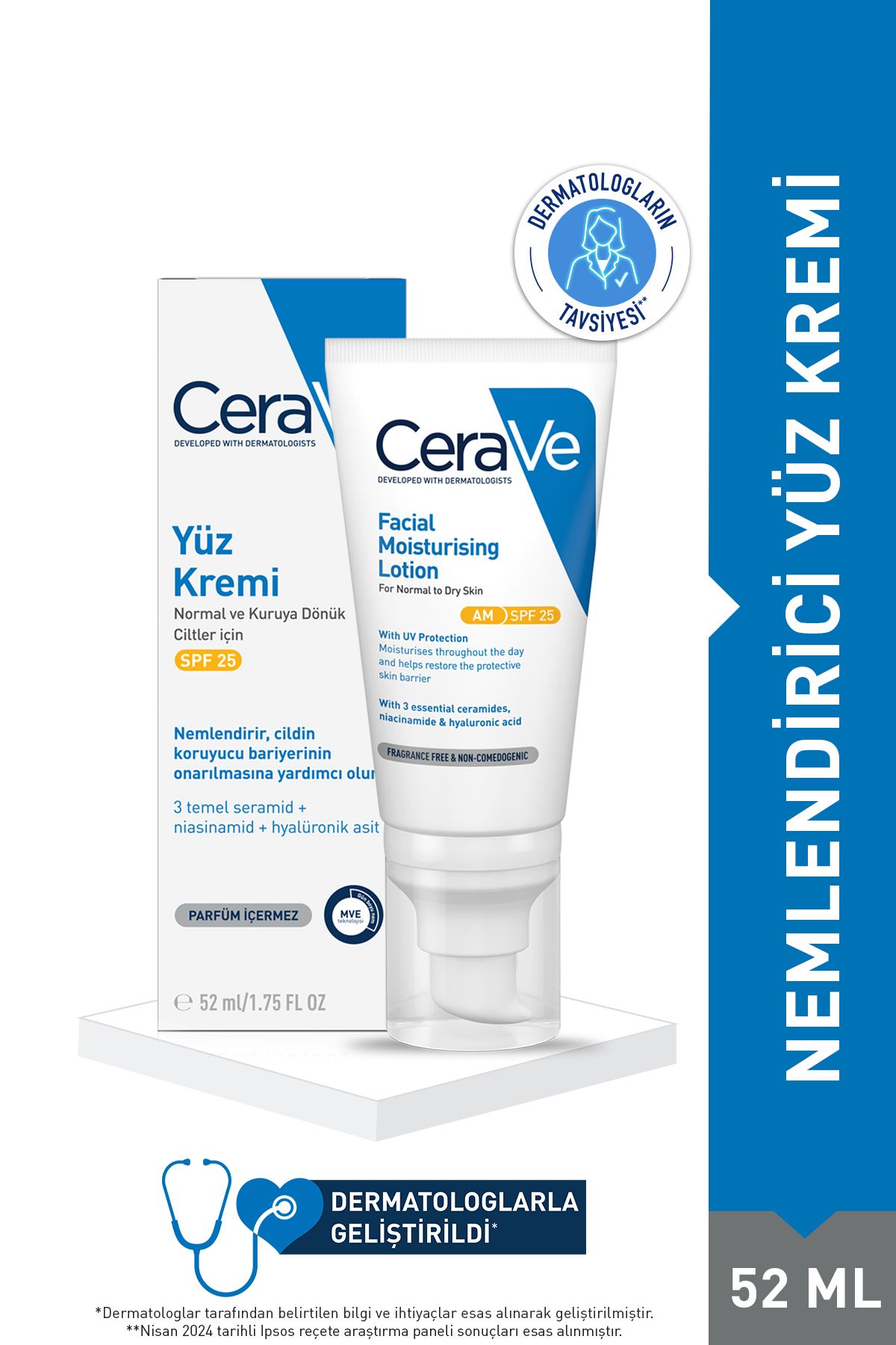 CeraVe Nemlendirici Yüz Kremi Normal ve Kuru Ciltler Güneş Koruması İçeren 52 ml 3337875597487