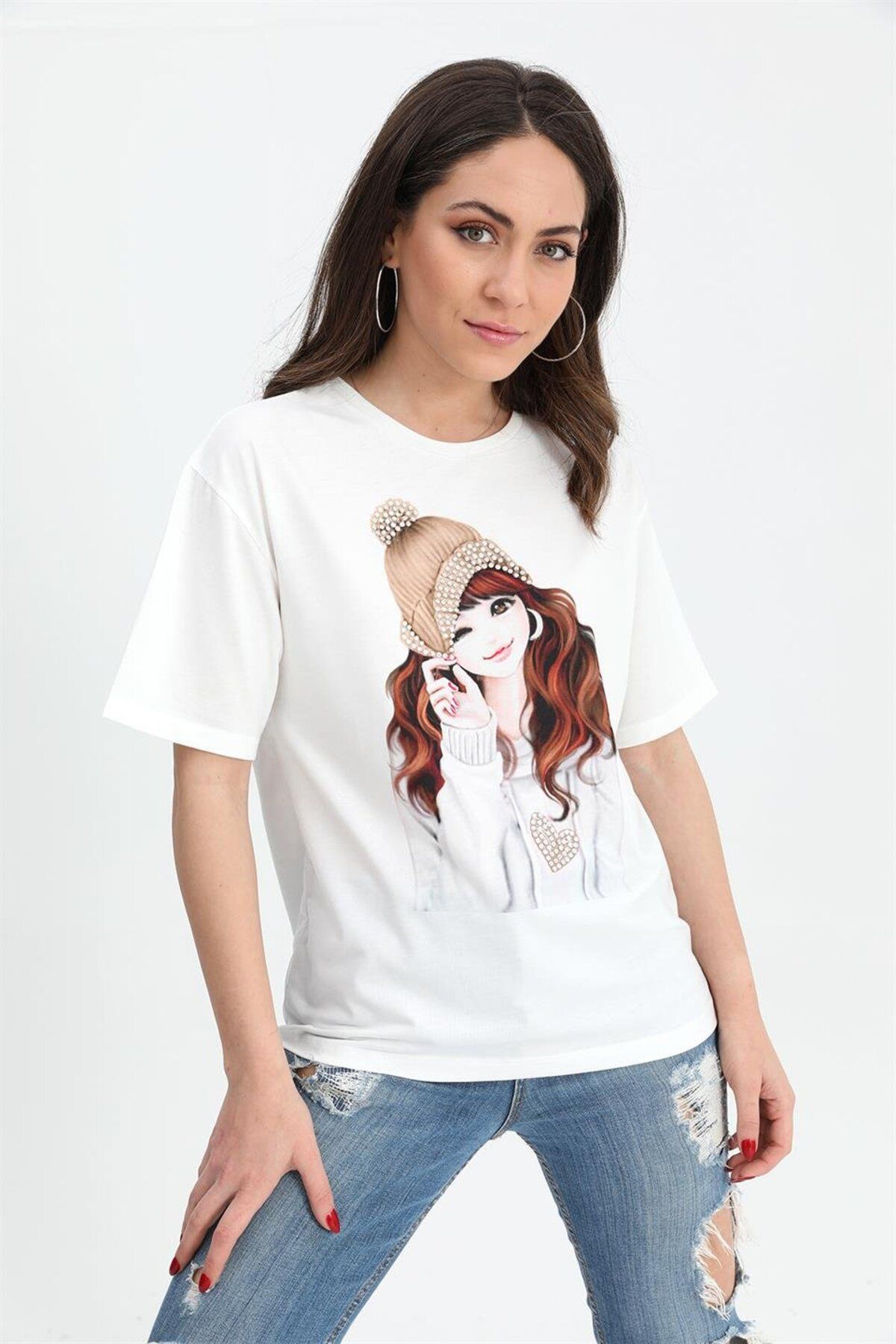 VAPUR TEKSTİL T-shirt Kız Baskılı Taş Işlemeli - Bej