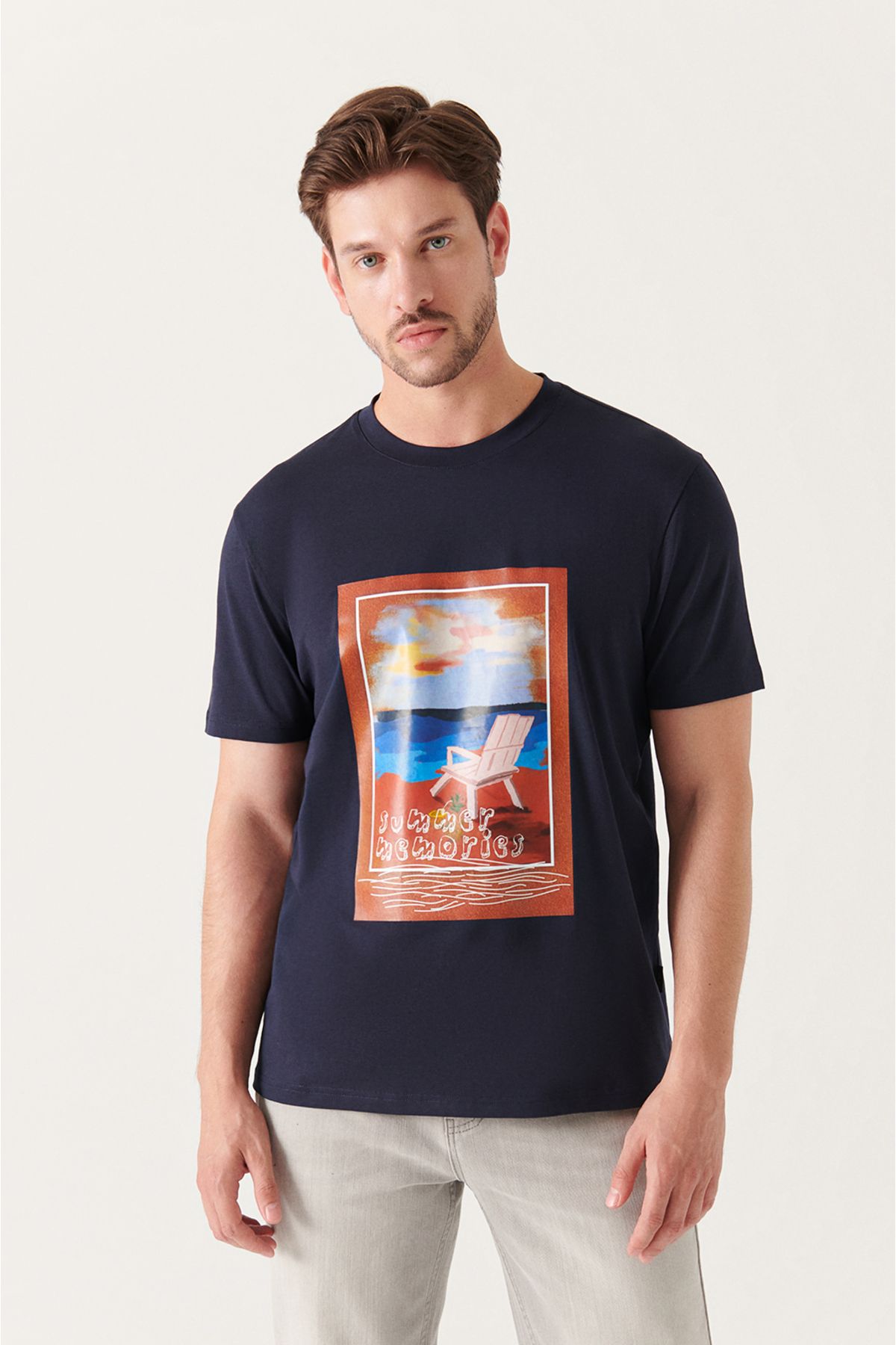 Avva Erkek Lacivert Slogan Baskılı Pamuklu T-shirt A21y1082