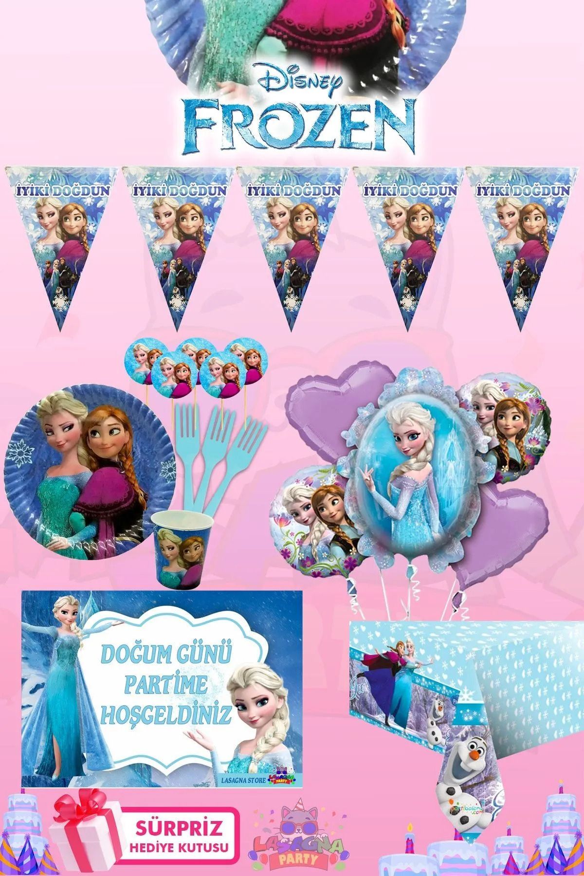 LASAGNA STORE Frozen Elsa 16 Kişilik Sürpriz Hediye Kutulu Ve Afiş'li Doğum Günü Parti Malzemeleri Seti
