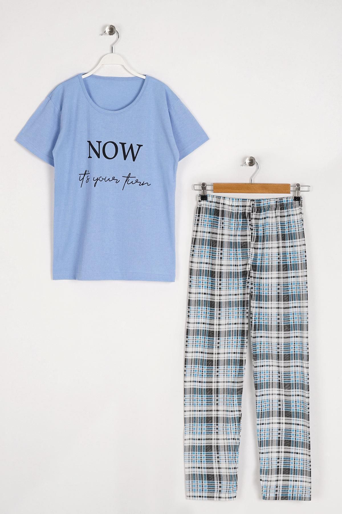 EMINNA Kısa Kol Açık Mavi Renk Kadın Pijama Takımı