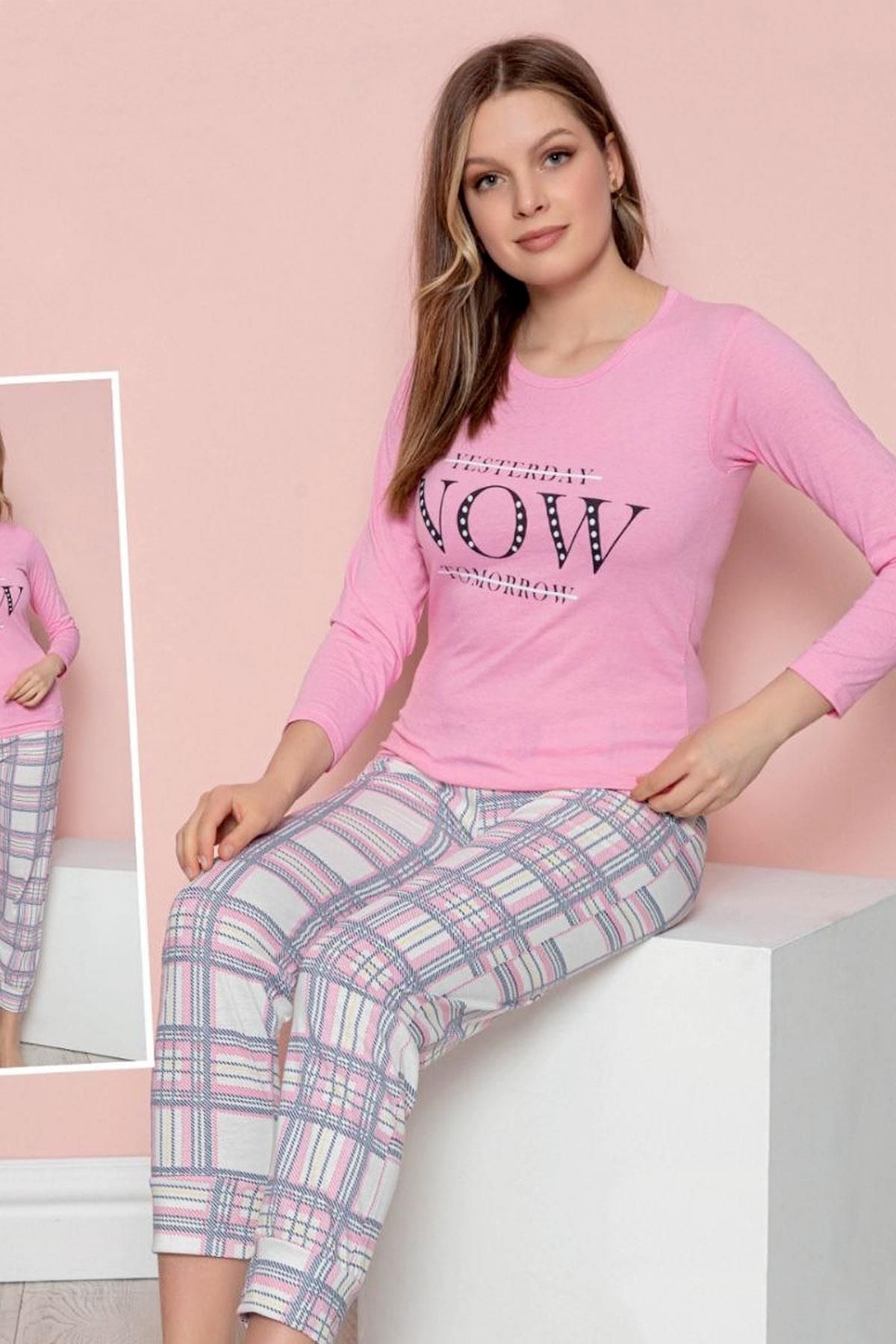 EMINNA Baskılı Uzun Kollu Pembe Ekru Kadın Pijama Takımı