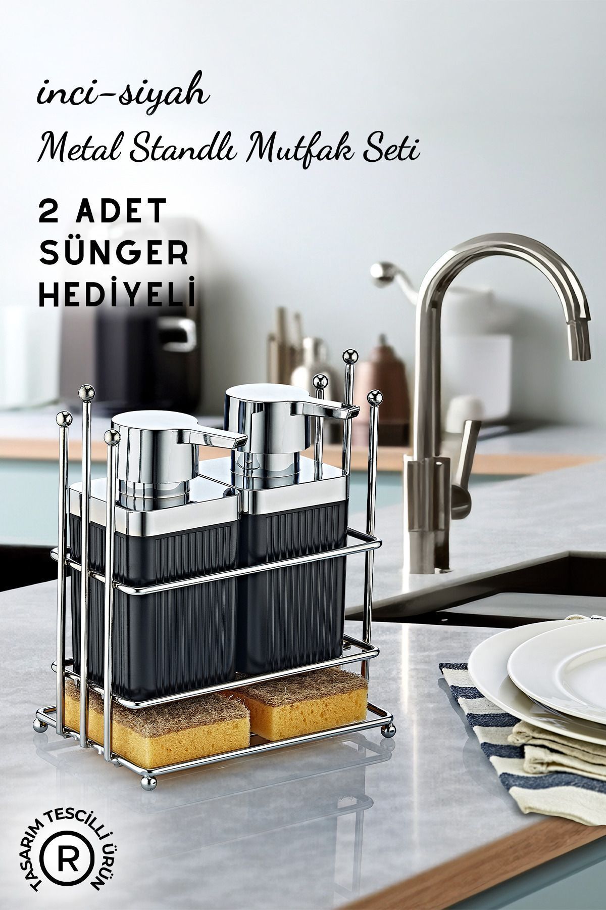 GRİMOR Life İnci Metal Standlı Siyah Bulaşık Deterjanı ve Sıvı Sabunluk Mutfak Seti- 2 Adet Sünger Hediyeli