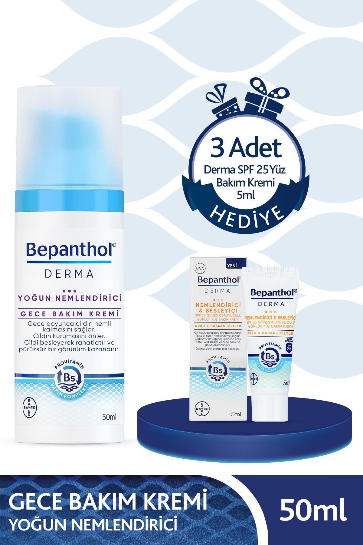 Bepanthol Derma Gece Bakım Kremi 3 Adet Derma Spf 25 Yüz Bakım Kremi 5ml Hediyeli