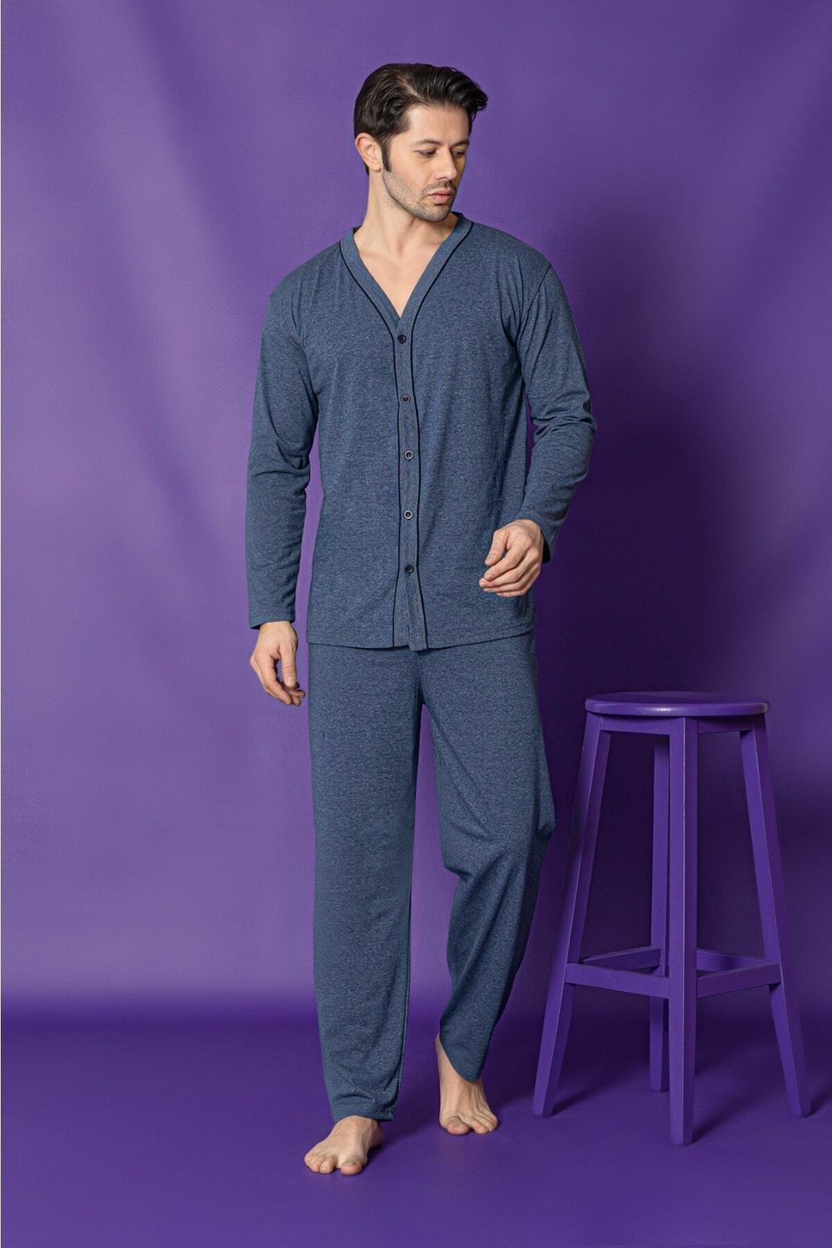 Sude HOMEWEAR Erkek Petrol Mavisi Uzun Kollu Önden Düğmeli Süprem Kumaş Pijama Takımı
