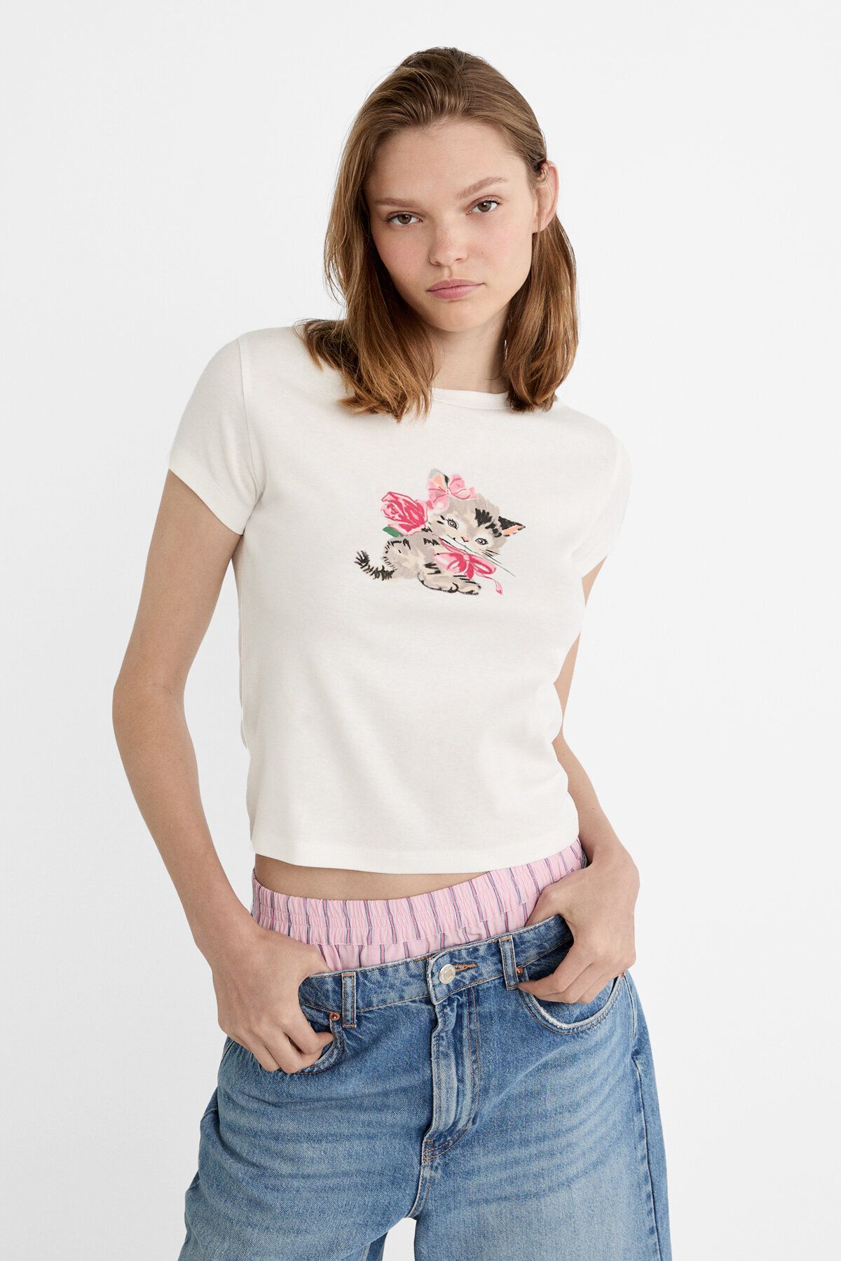 Stradivarius Kedi baskılı t-shirt