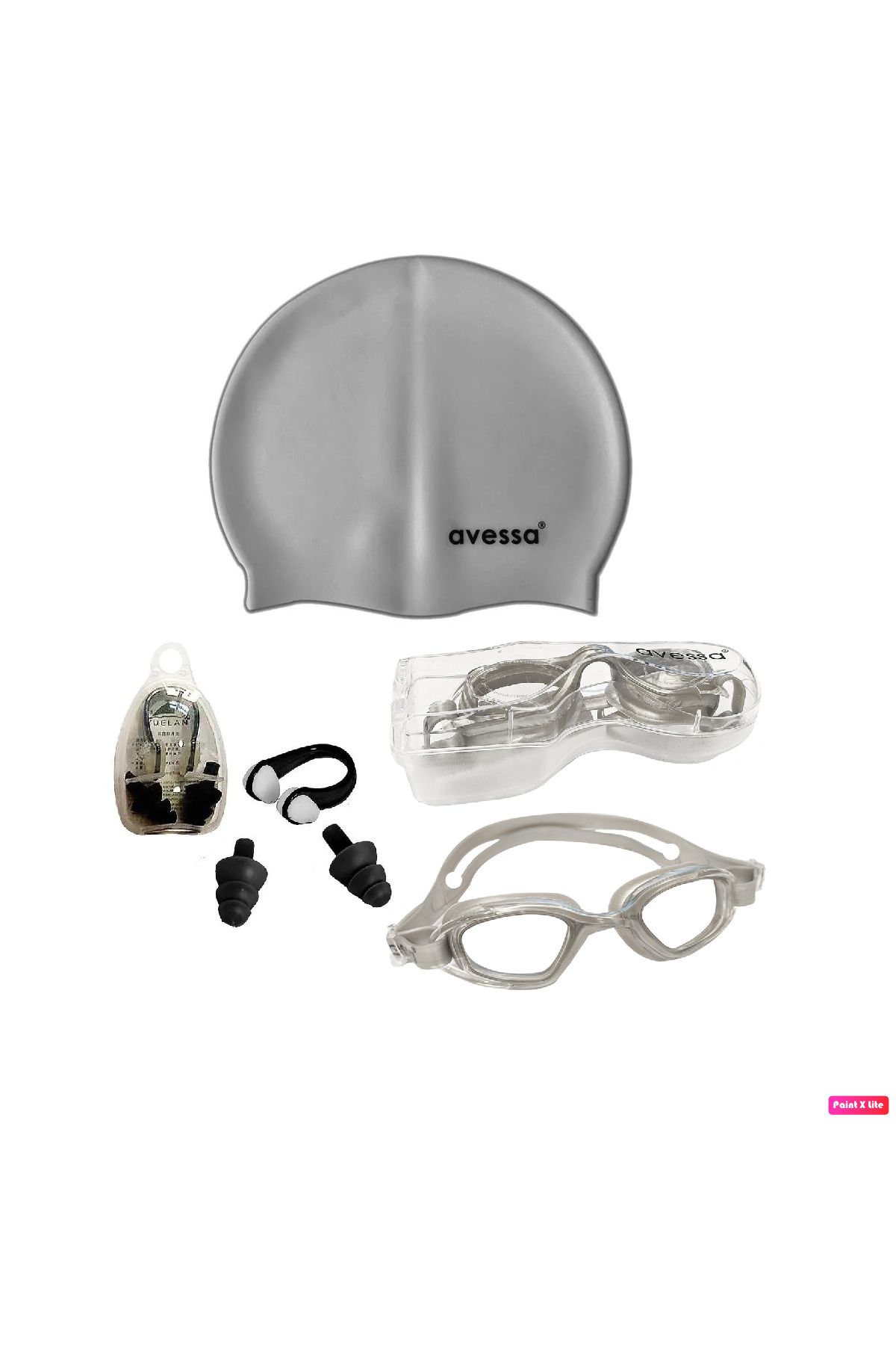 Avessa 3'lü Yetişkin Unisex Havuz Seti Yüzücü Deniz Gözlüğü Havuz Gözlüğü + Bone + Kulak Burun Tıkacı Gri