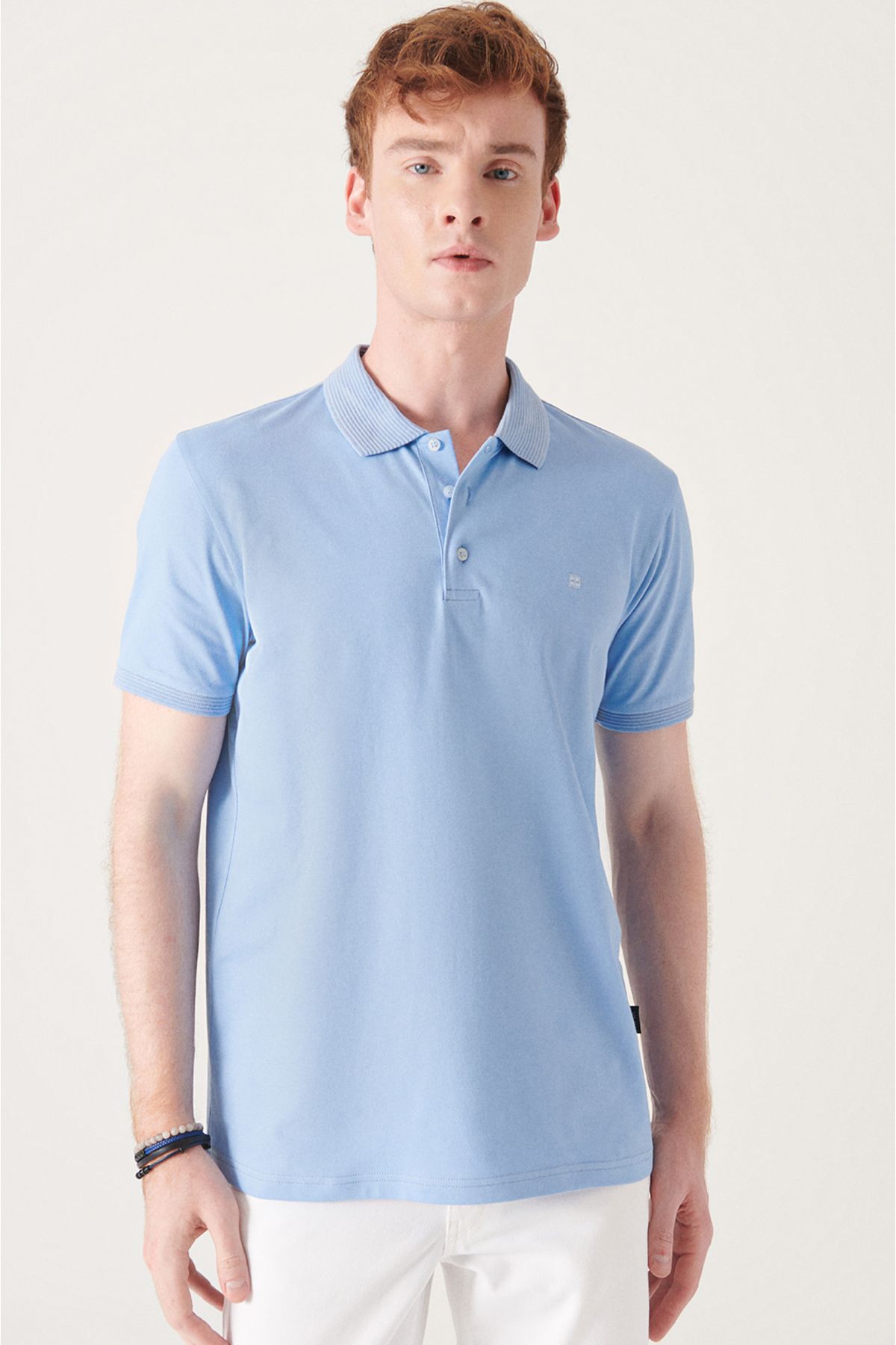 Avva Erkek Açık Mavi %100 Mısır Pamuğu Regular Fit 3 Düğmeli Polo Yaka T-shirt B001027