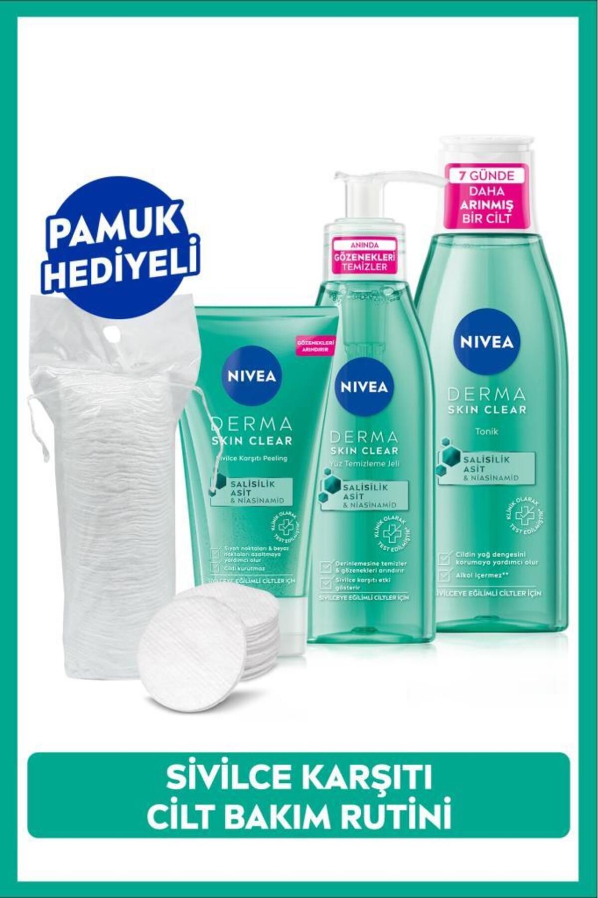 NIVEA Derma Skin Clear Niasinamid Yüz Temizleme Jeli 150ml, Tonik 200ml ve Peeling 150ml, Pamuk Hediyeli