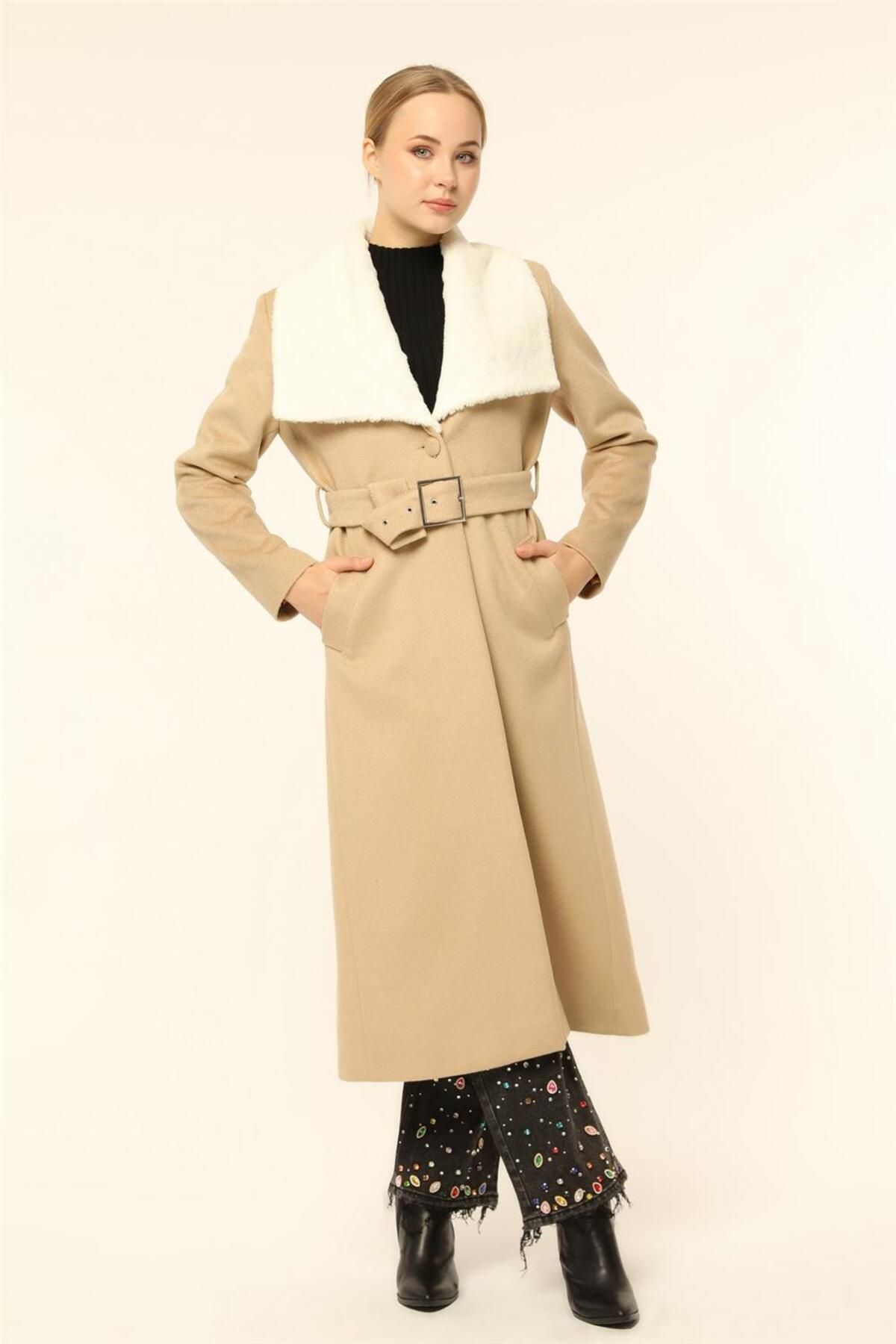 Home Store Palto Uzun Tek Düğme Kuşaklı Yaka Peluş Detay - Bej