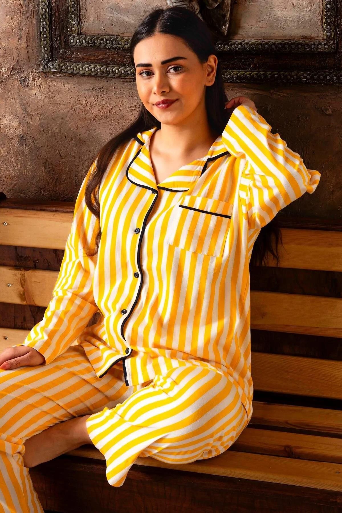 CALİA Kadın Önden Düğmeli Uzun Kollu Poplin Penye Pijama Takımı