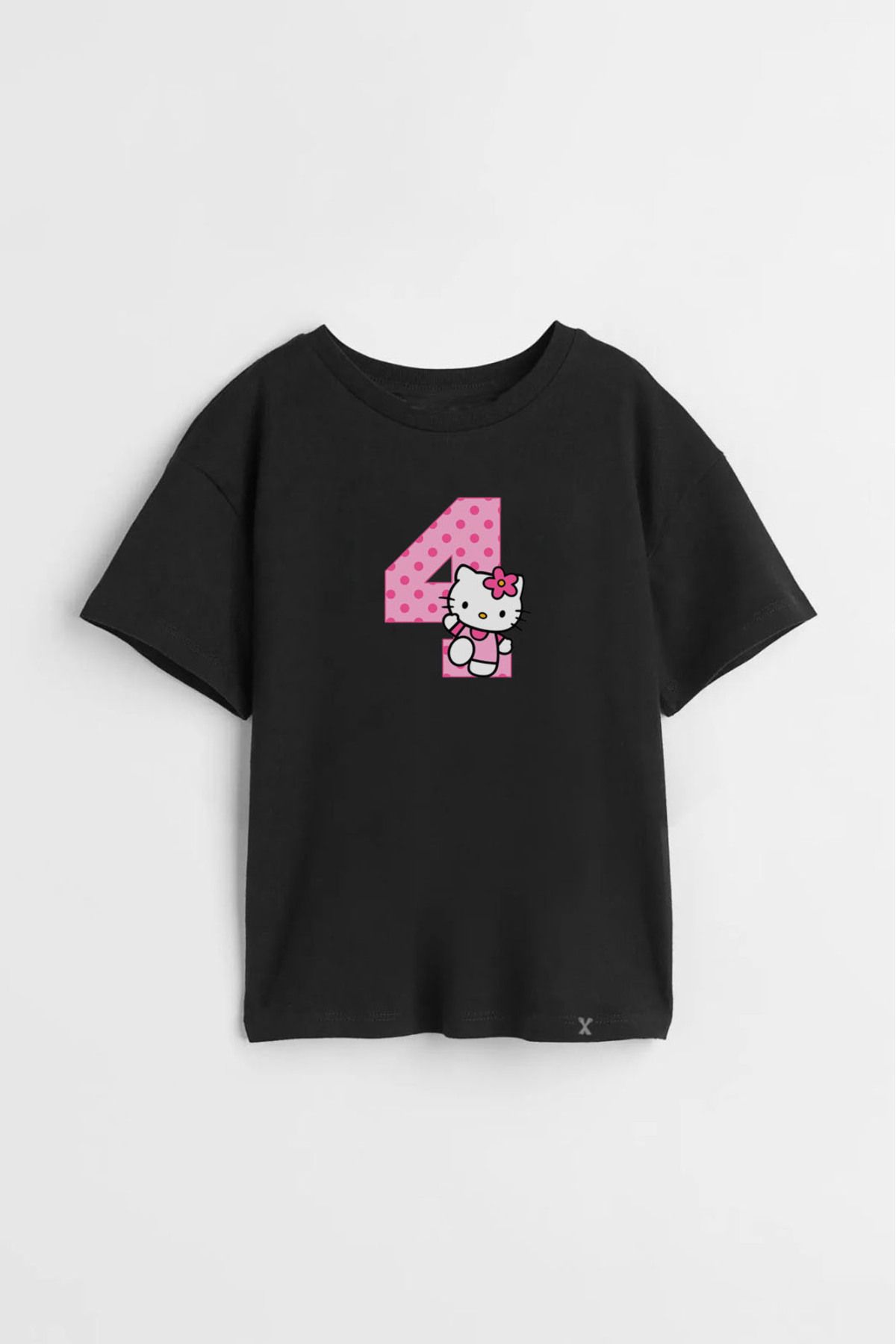 Darkia Hello Kitty 4 Yaş Doğum Günü Baskılı Çocuk Bisiklet Yaka Kısa Kollu Siyah Tişört