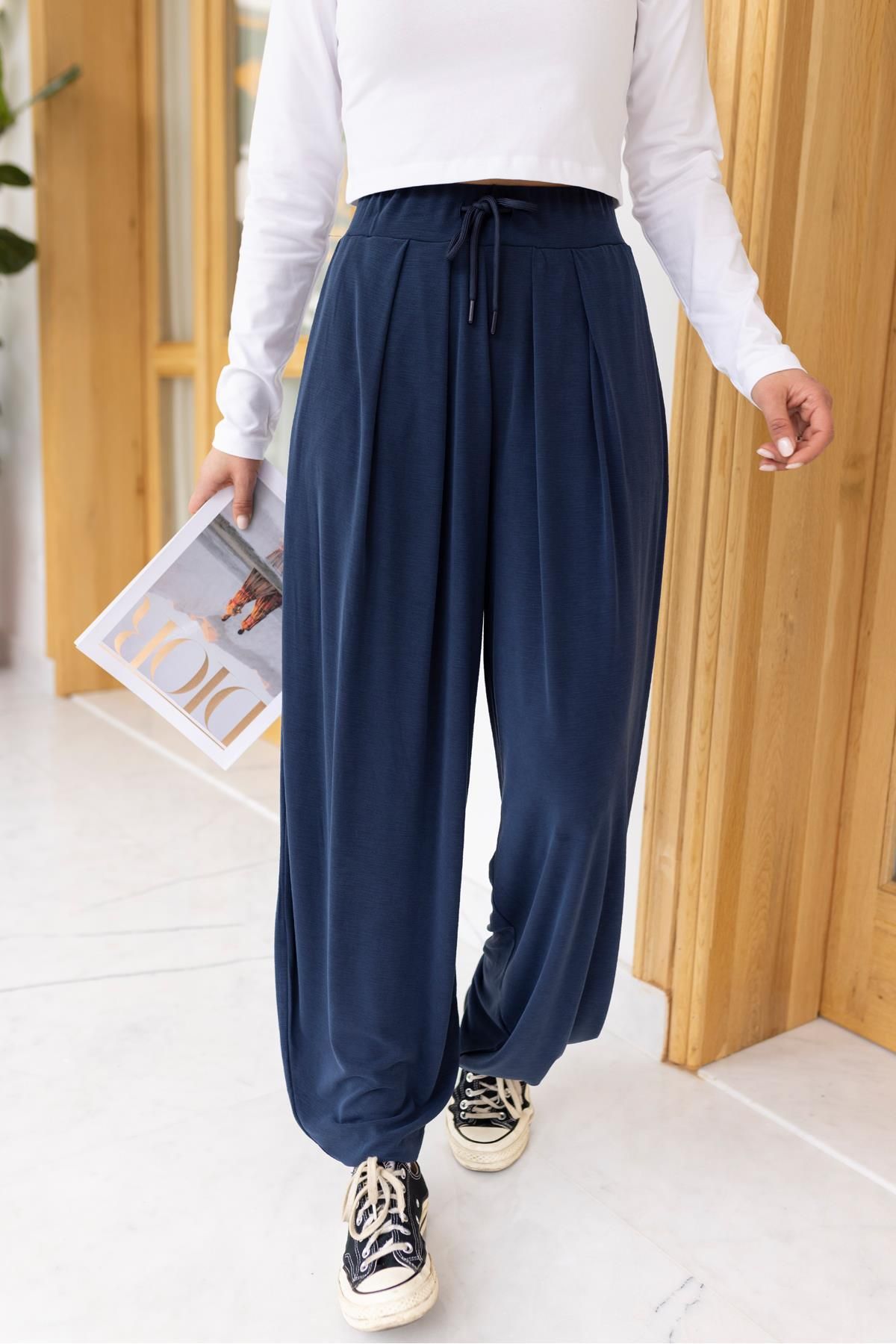 Askı Nişantaşı Lacivert Beli Lastikli Modal Kumaş Şalvar Pantolon
