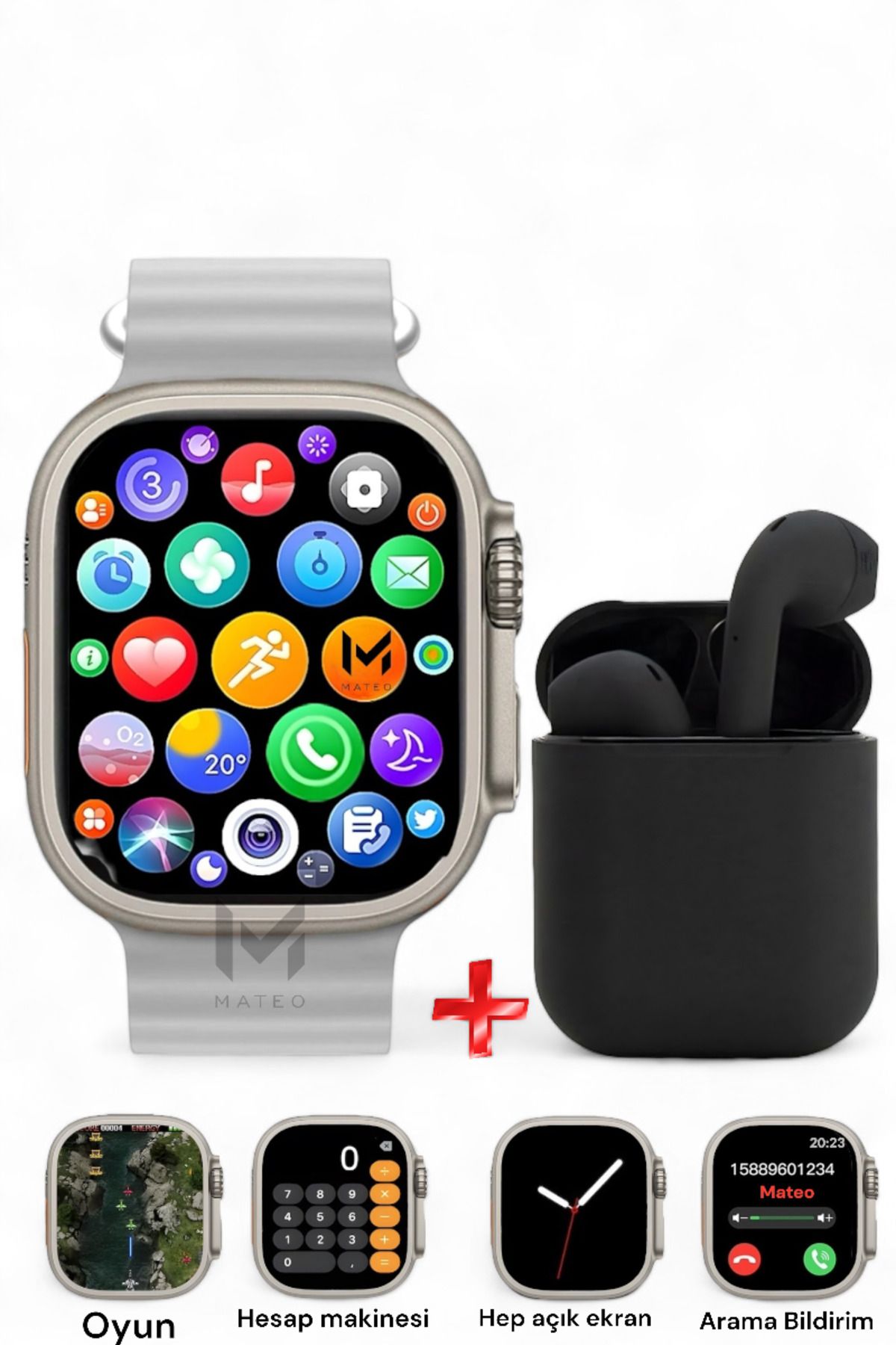MATEO Akıllı Saat Watch Ultra 45mm ve Bluetooth Kablosuz Kulaklık Android ios Uyumlu 2 in 1