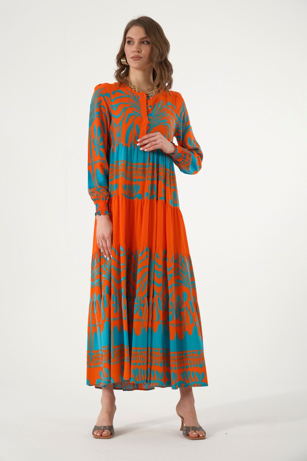 ABBRA Kadın Kolu Büzgü Lastikli Maxi %100 Pamuk Yazlık Elbise