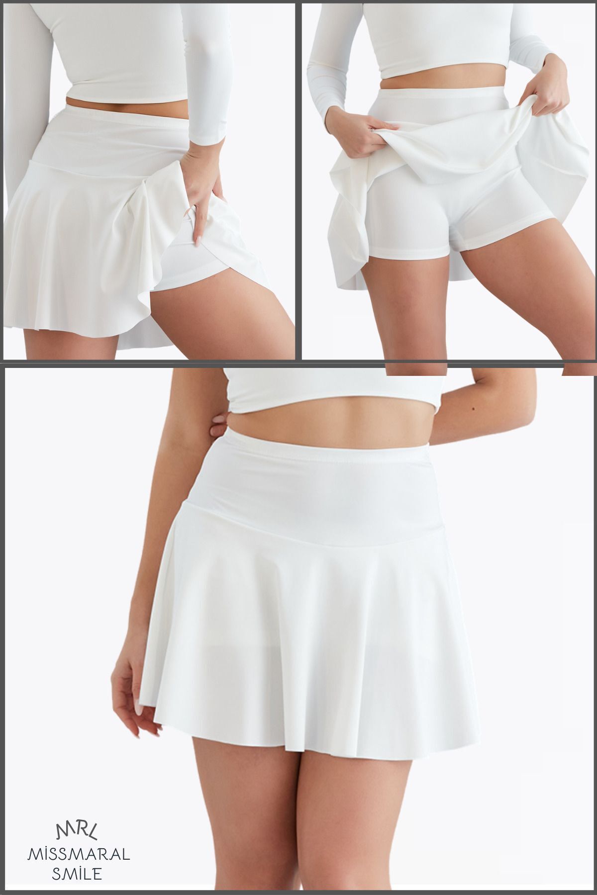 missmaral Beyaz Yüksek Bel Volanlı Şortlu Spor Etek Deniz Şortu Skirt With Shorts 1101