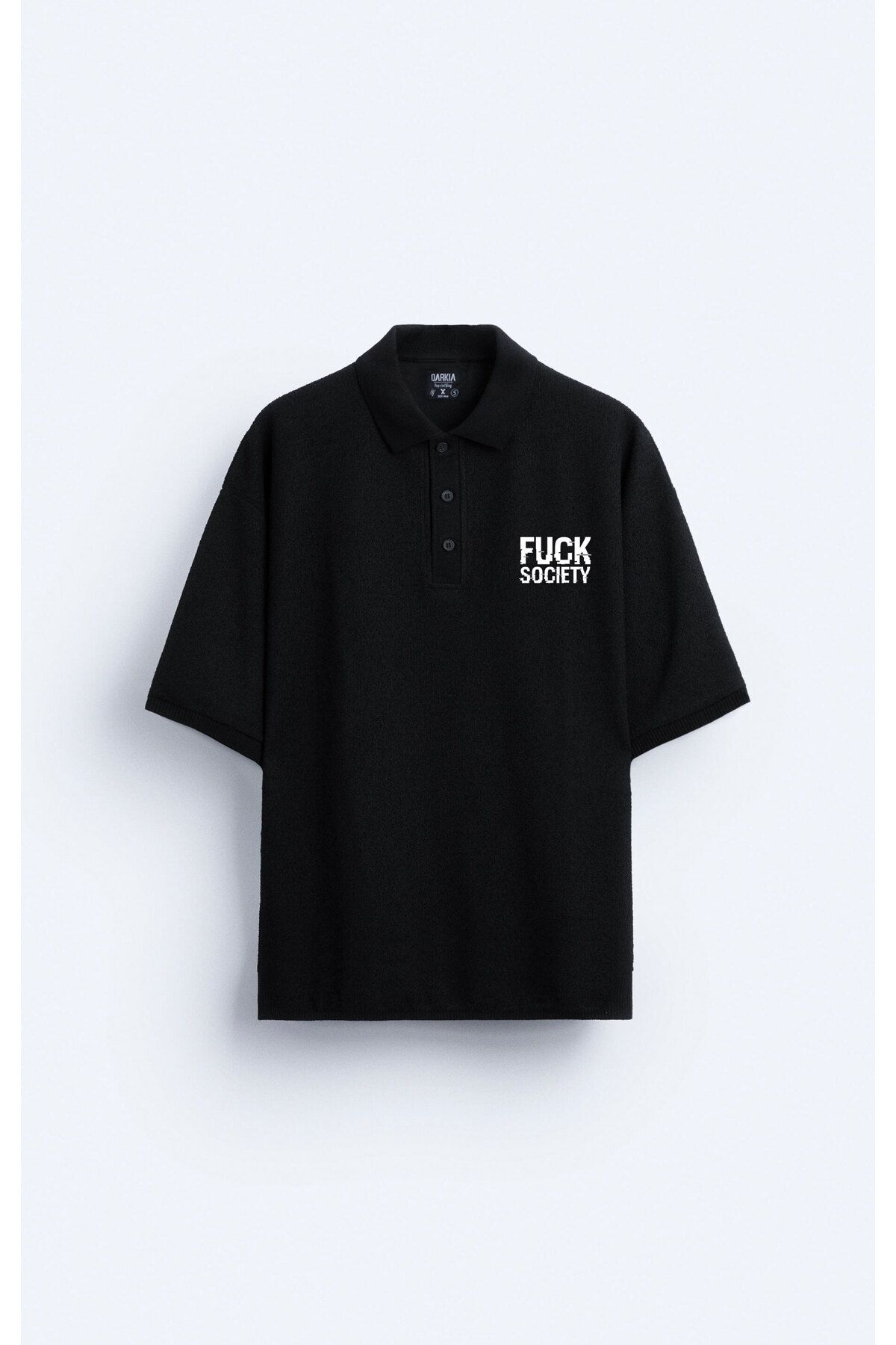 Darkia Society Baskılı Polo Yaka Oversize Erkek Siyah Tişört