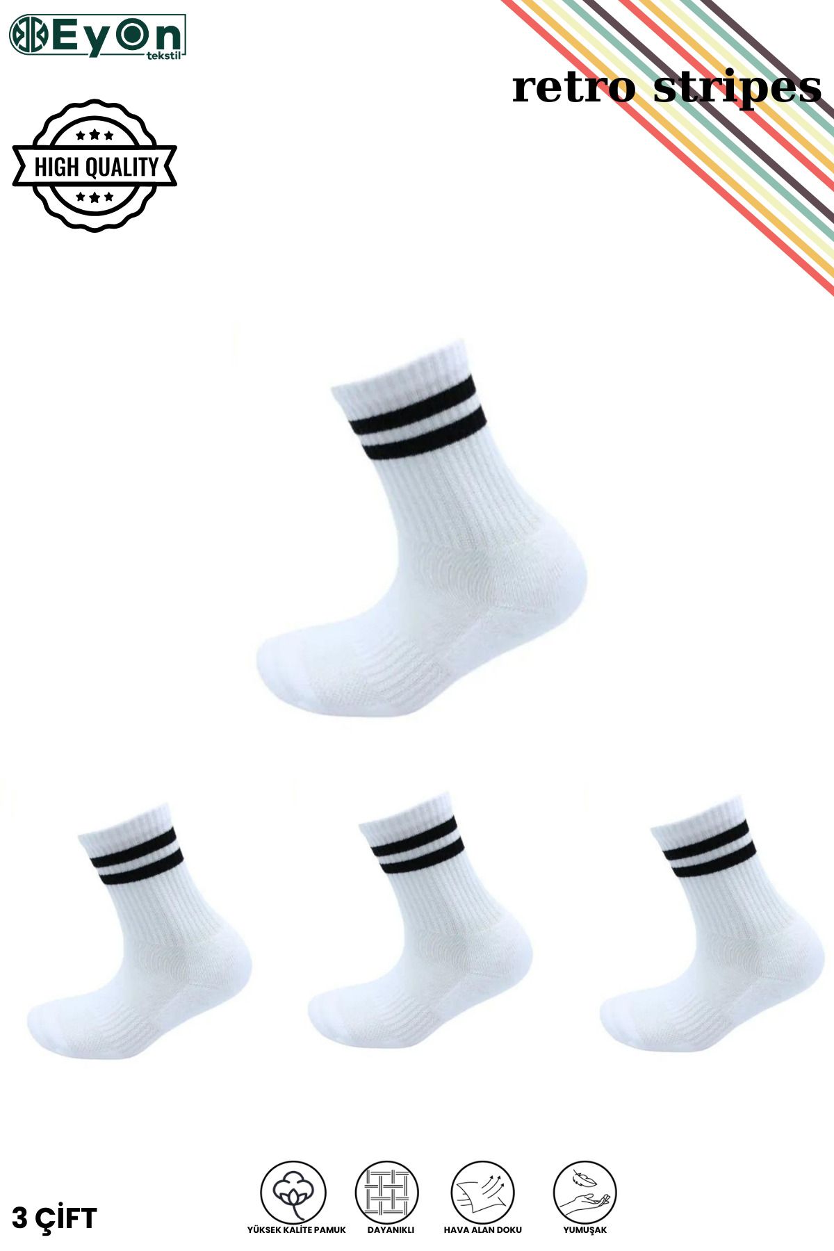 EYON SOCKS Unisex Siyah Çizgili Spor Beyaz Çorap-3'lü Paket