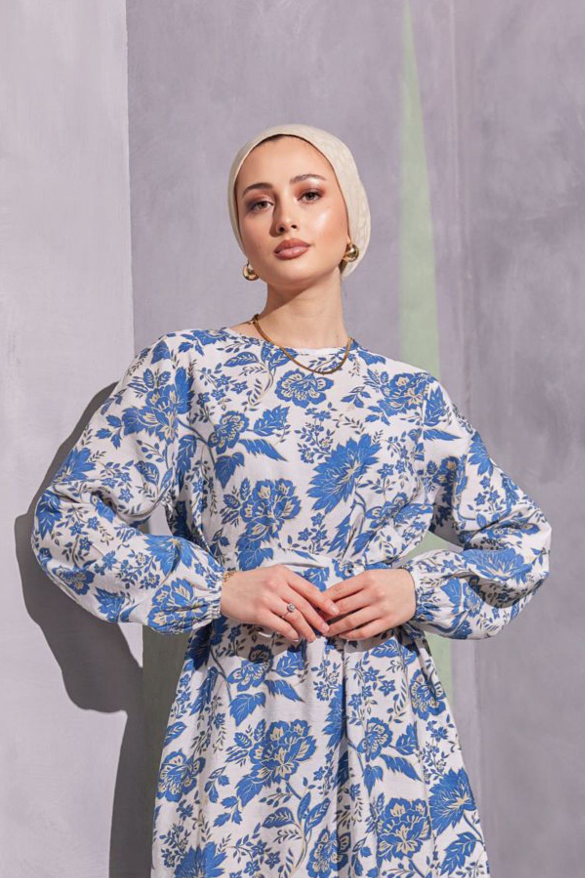 Bold Grup Kadın Premium Viskon Kumaş Kuşaklı Desenli Tesettür Elbise