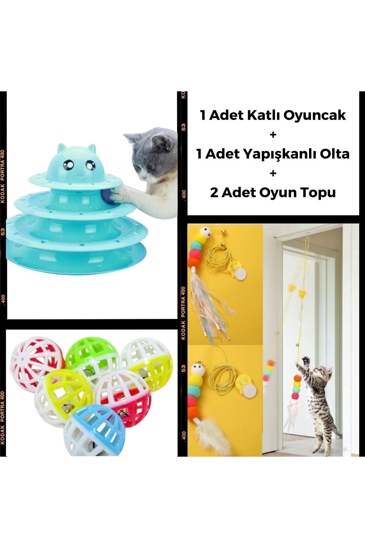 MediPal Happycats Kedi Oyun Seti 3 Katlı Oyuncak - Elastik Yapışkanlı Olta - Renkli Oyun Topu