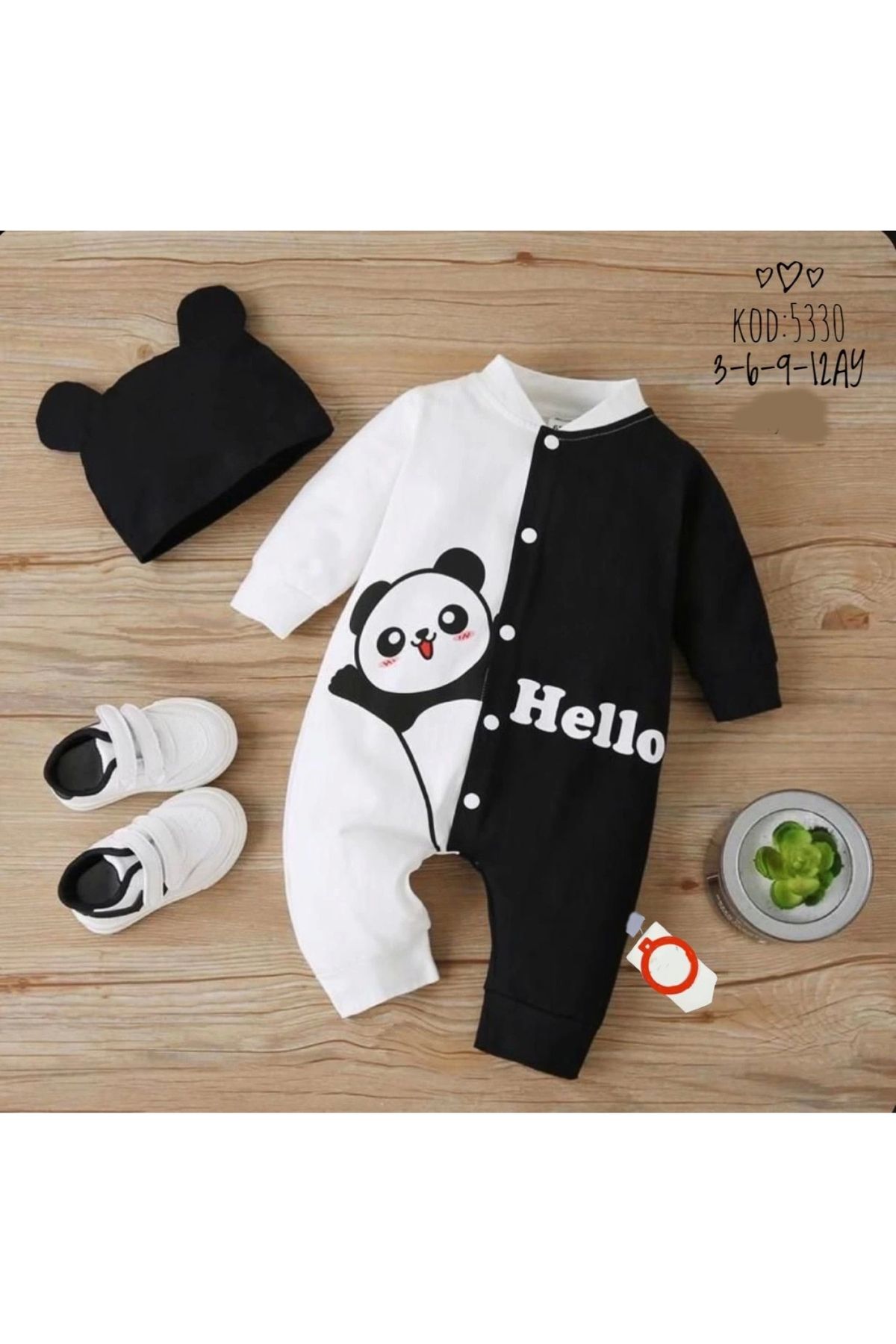Narnuga 3-6-9-12 Ay Kulaklı Şapkalı Hello Panda Baskılı Çıtçıt Kapama Kız Erkek Bebek Tulumu(ayakkabısız)