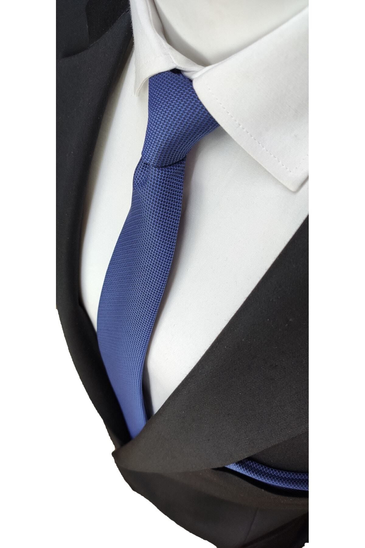 Elegante Cravatte Acem Mavisi Renginde Armürlü Dokuma Kravat Ve Cep Mendili