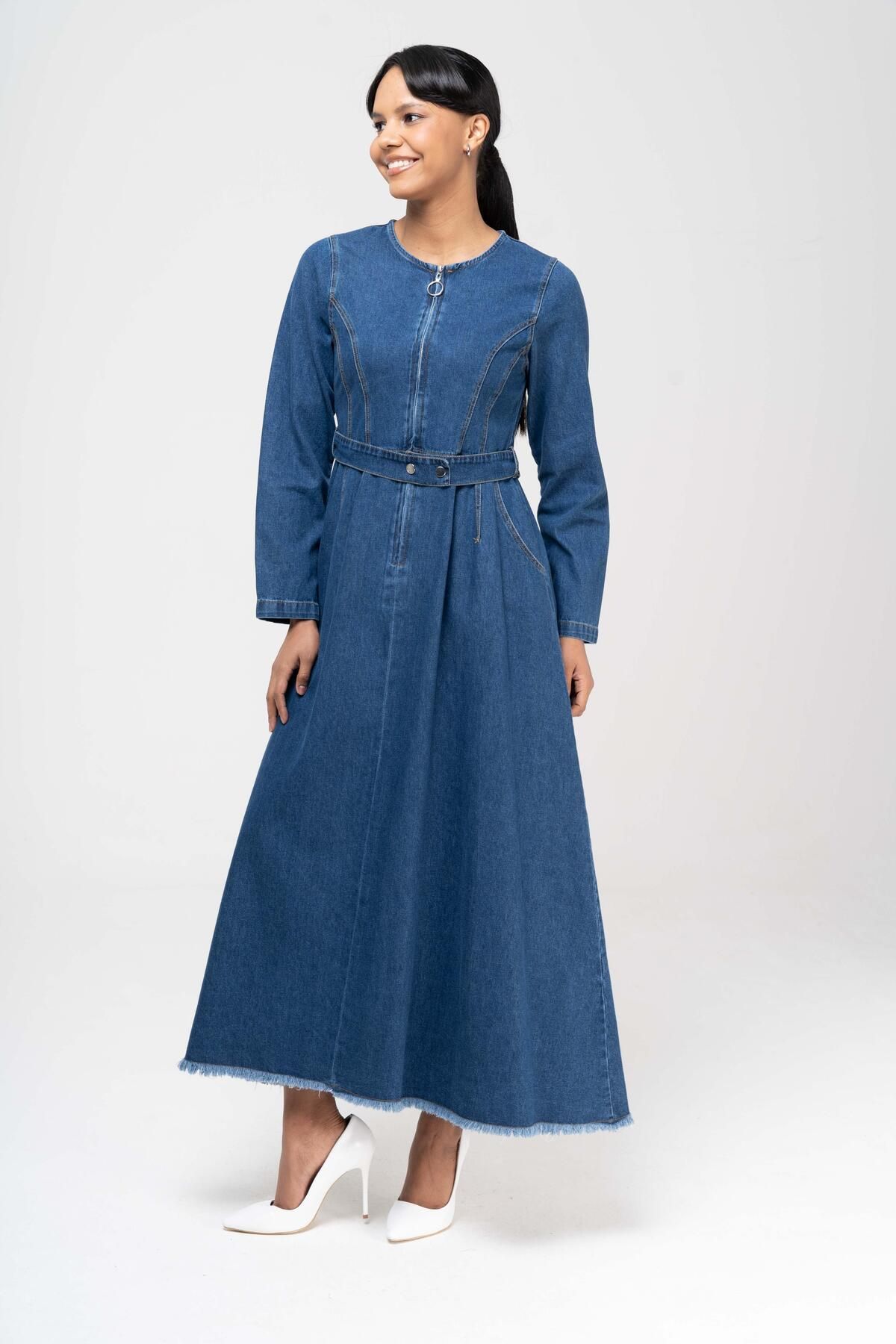 Olcay Sıfır Yaka Fermuar Detaylı Belden Kloş Denim Elbise Koyu Mavi 9220-e