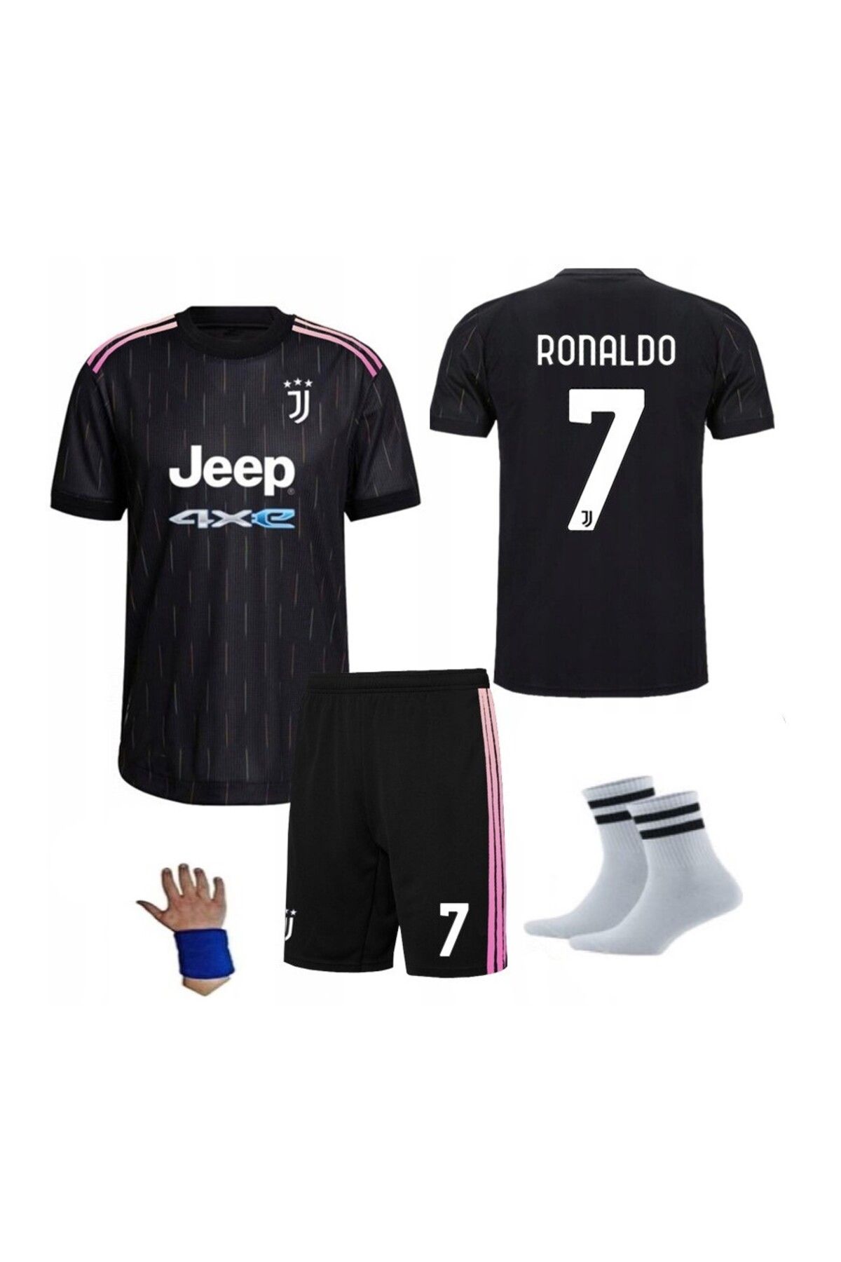 yenteks Ronaldo Juventus 2021 Siyah 4 Parça Çocuk Forma Takımı Forma Şort Çorap Bileklik