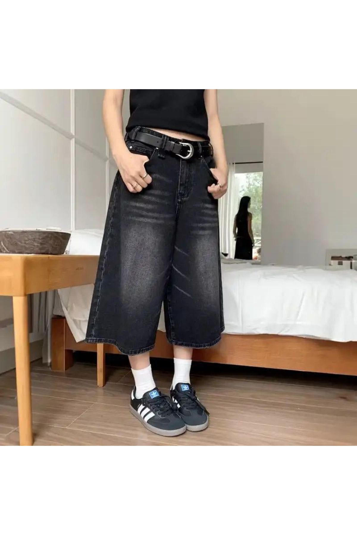 Gofeel Siyah Yıkamalı Unisex Baggy Oversize Kalıp Kot Pantolon Şort