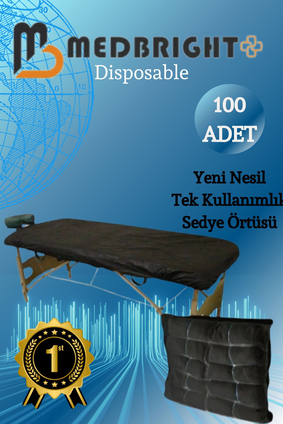 MEDBRIGHT 100 Adet 80x240 Lastikli Tek Kullanımlık Siyah Sedye Örtüsü