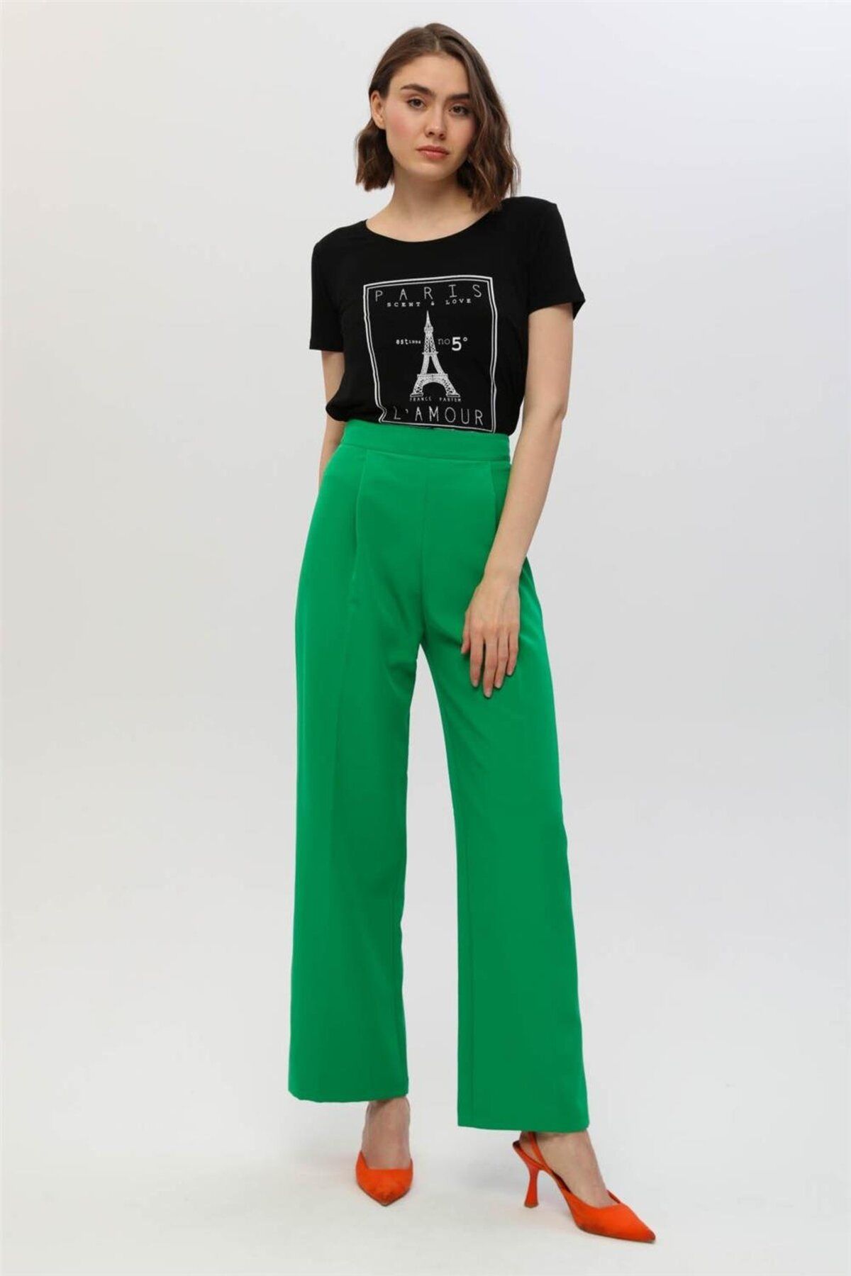Home Store Pantolon Geniş Kesim 2 Pileli Yüksek Bel - Yeşil