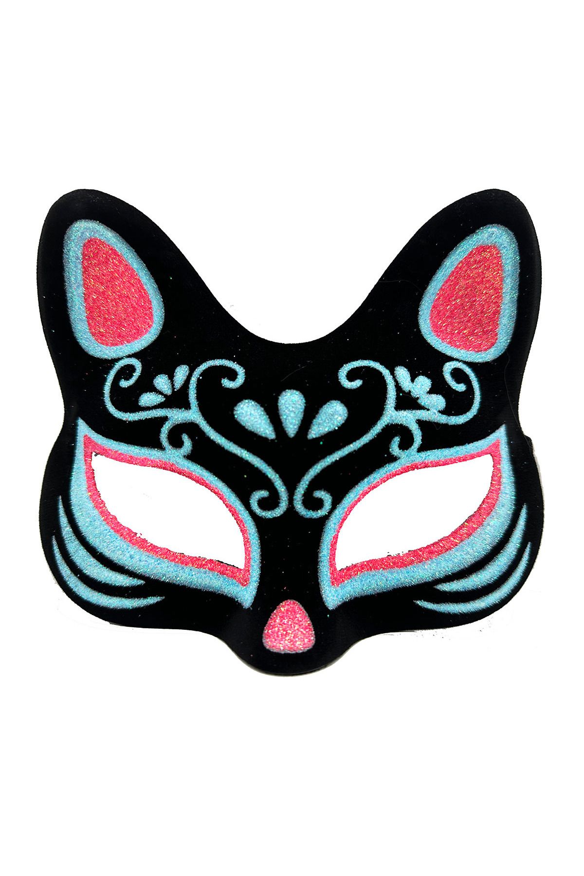 Skygo Siyah Renk Üzeri Mavi Kırmızı Simli Süet Kaplama Kedi Maskesi 17x14 cm