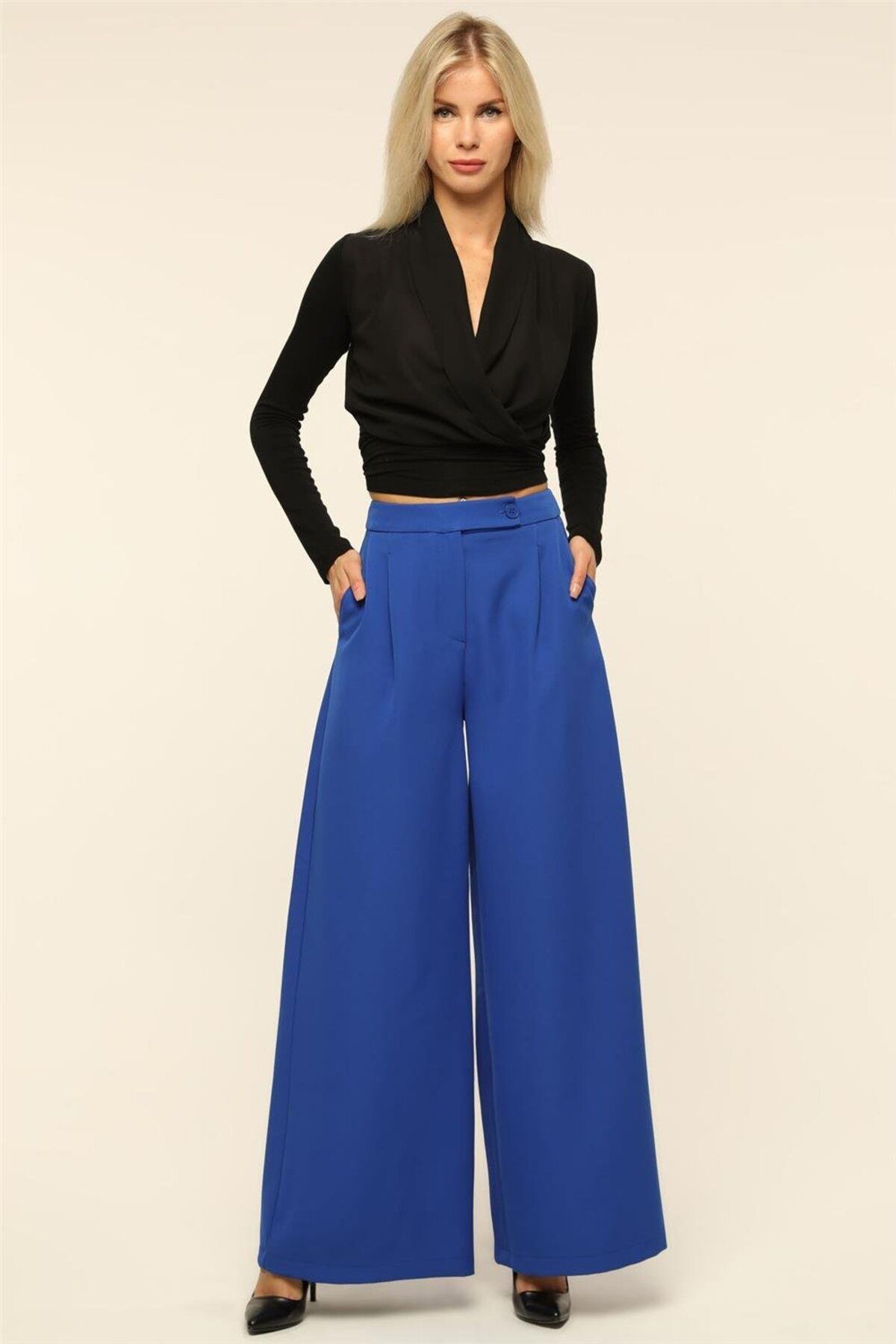 Home Store Pantolon 2 Cepli Tek Düğmeli Bol Paça - Sax Mavi