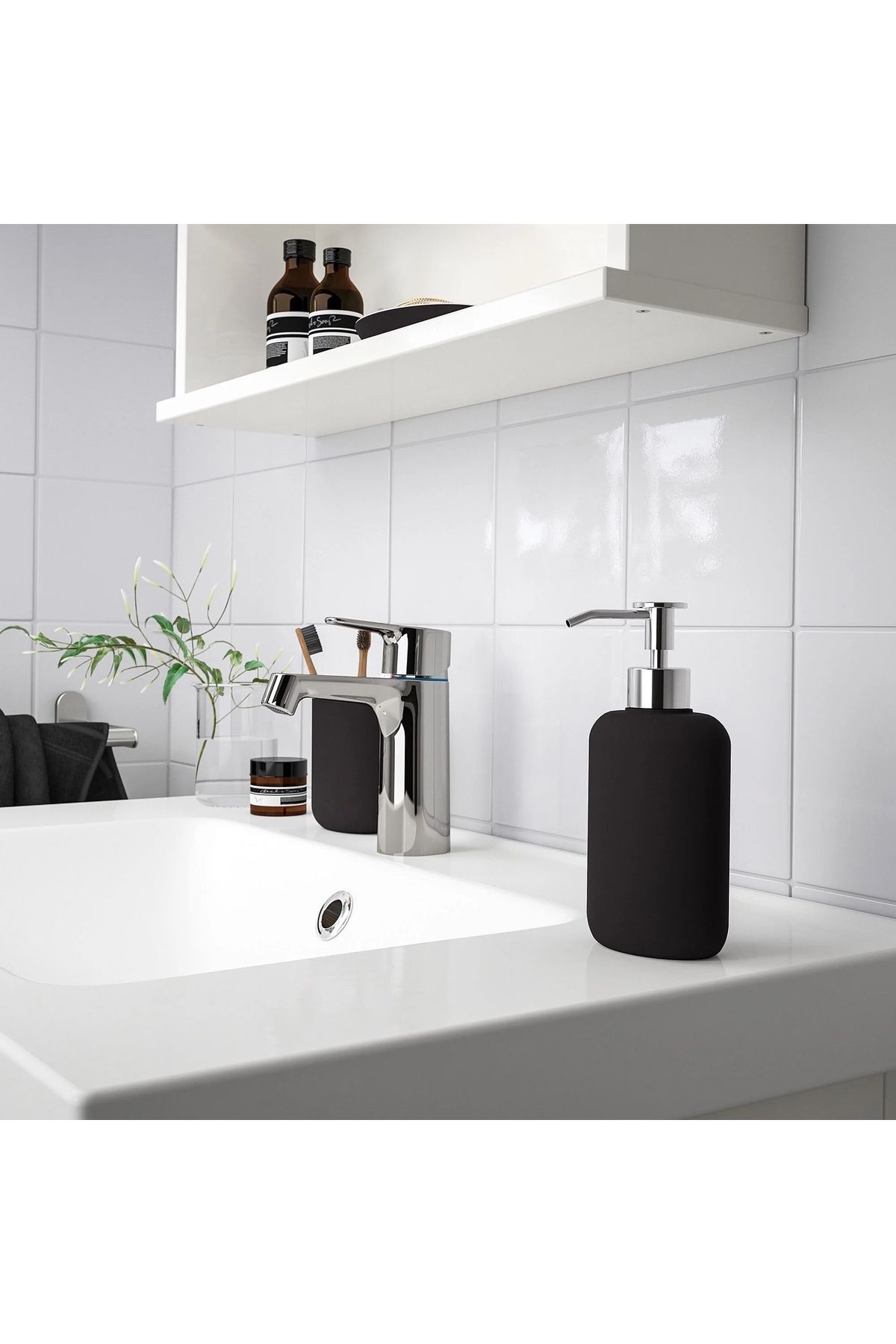 IKEA 3'lü Banyo Seti - Sıvı Sabunluk, Fırçalık, Katı Sabunluk - Stoneware Siyah