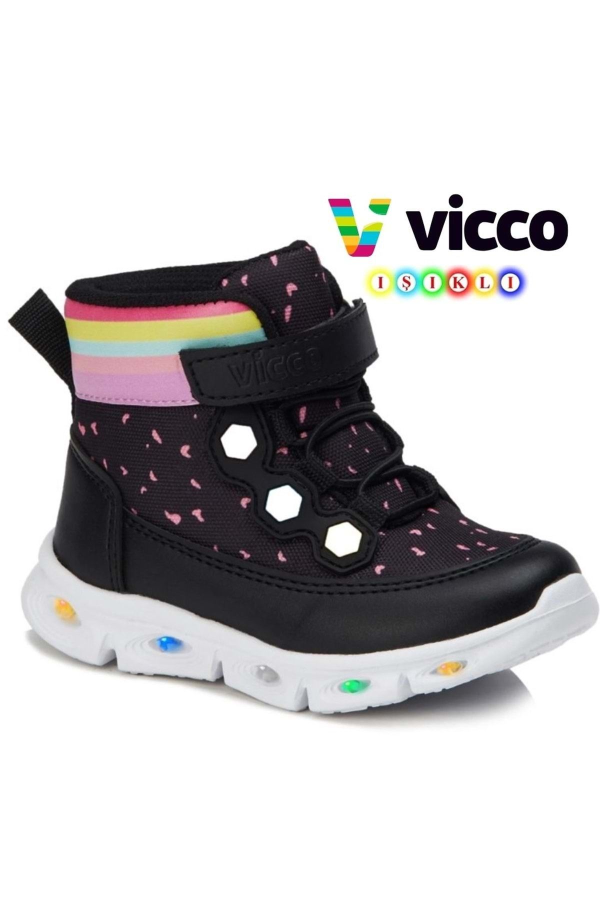 Vicco Mizu Işıklı Phylon Taban Ortopedik Çocuk Boğazlı Spor Ayakkabı Siyah-pembe