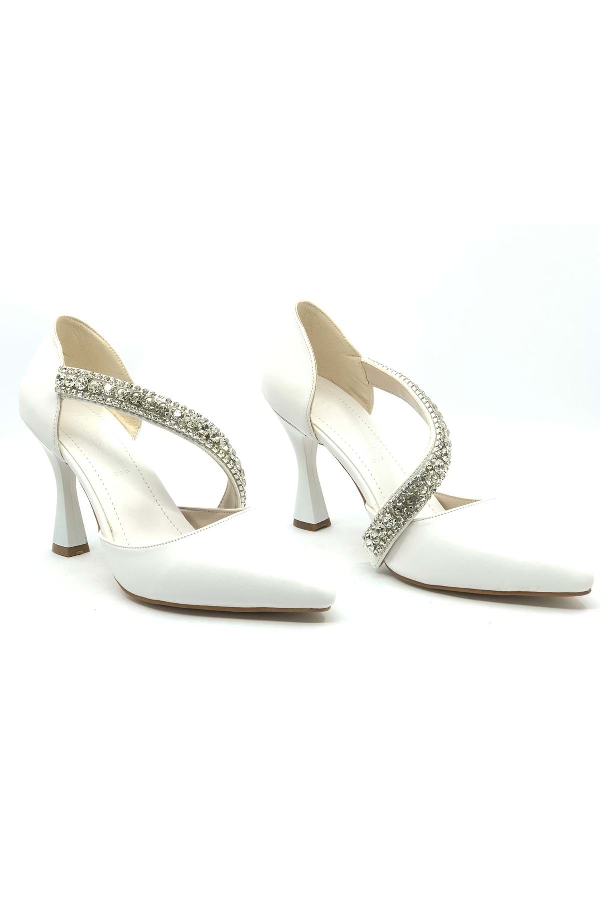 Genel Markalar Mehtap Taş Detaylı Kadın Topuklu Ayakkabı Stiletto Beyaz