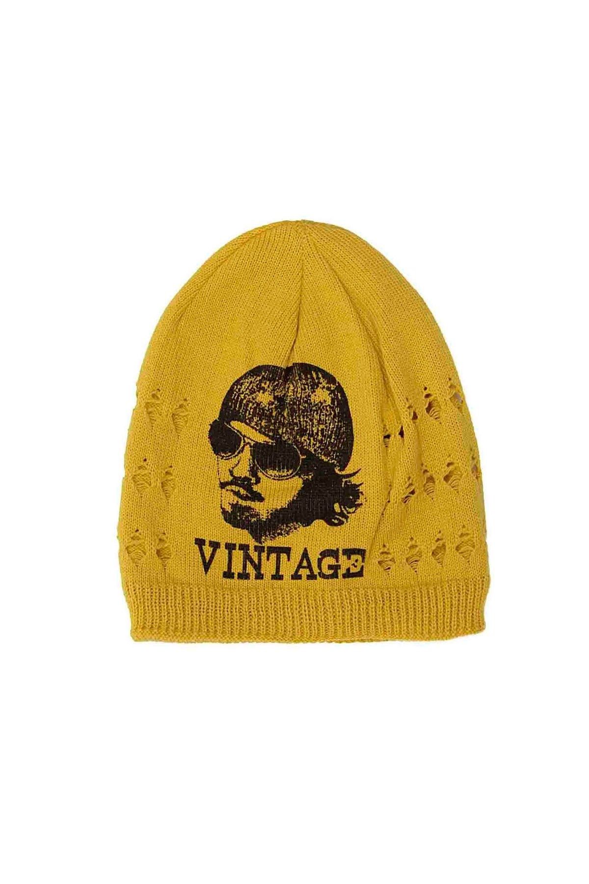 Bay Şapkacı Erkek Vintage Füme Bere Sarı 2436