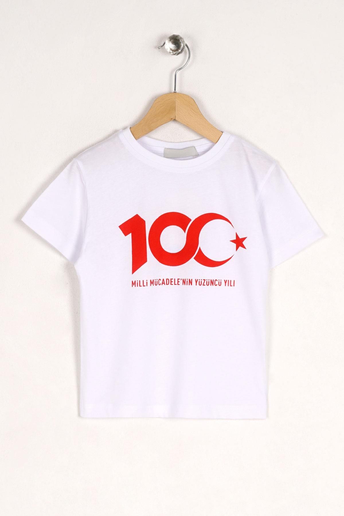 zepkids Bisiklet Yaka Kısa Kol Mıllı Mucadelenın 100 Uncu Yılı Baskılı Beyaz Renk Tshirt