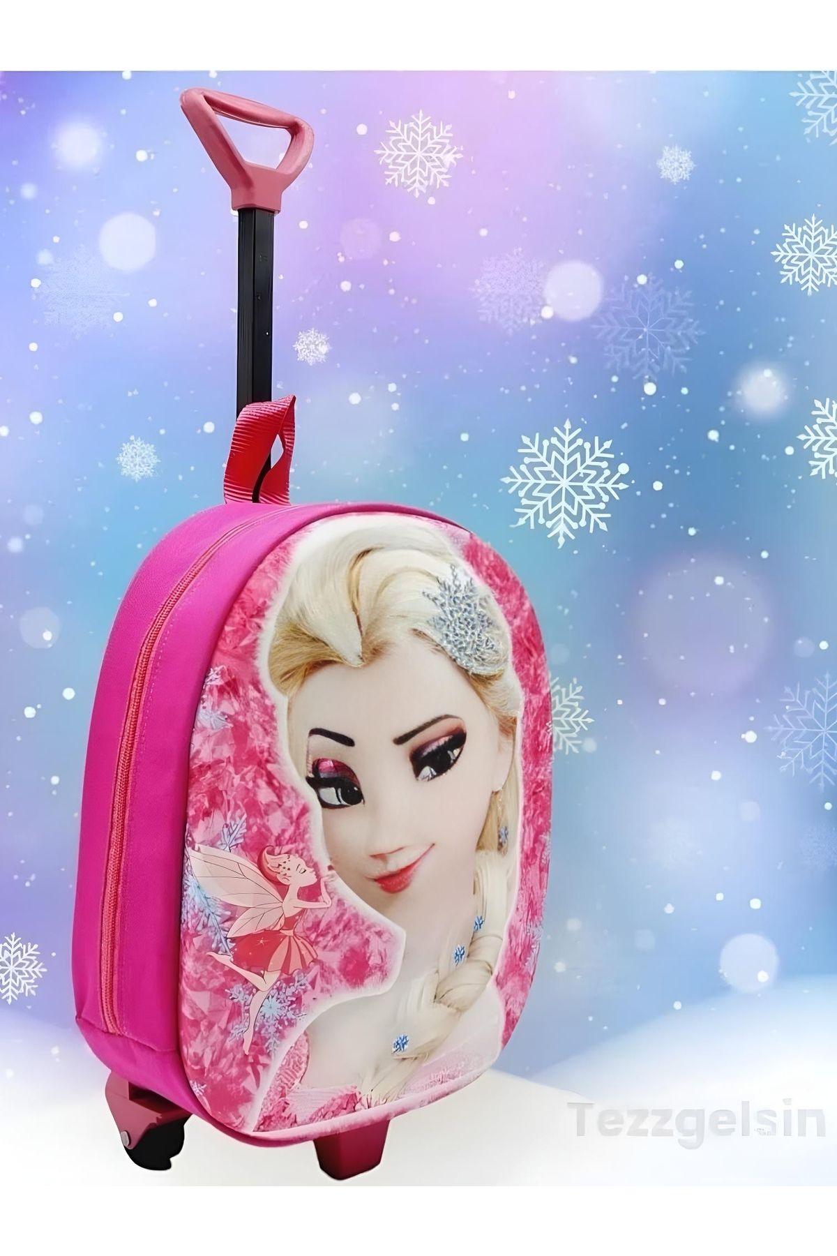 Tezzgelsin Kız Çocuk Anaokulu Çekçekli 3d Baskılı Frozen Elsa Figürlü Tekerli Seyahat Valizi Sırt Çantası