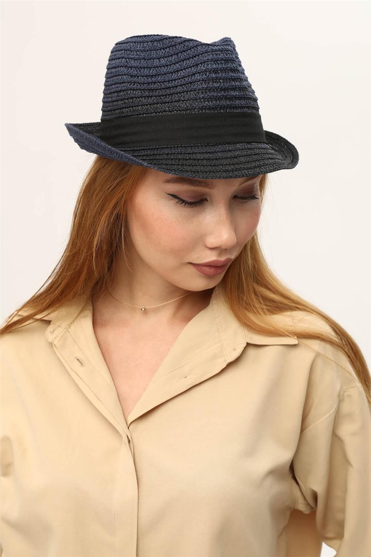 Home Store Şapka Paper Hareli İri Örme Hasır Düz Bantlı - Lacivert