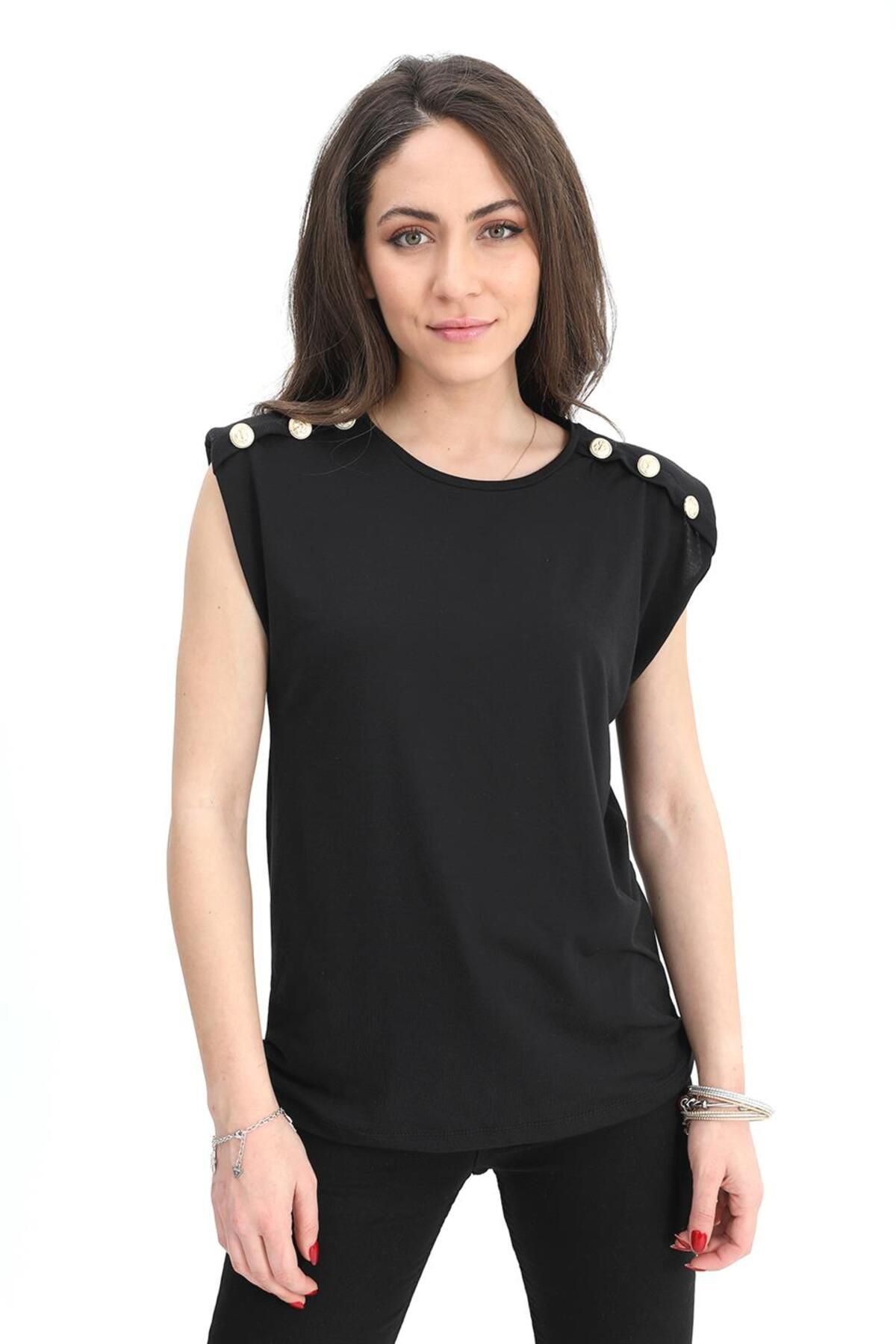 VAPUR TEKSTİL T-shirt Kolsuz Omuzları Vatkalı ve Düğme Detaylı - Siyah