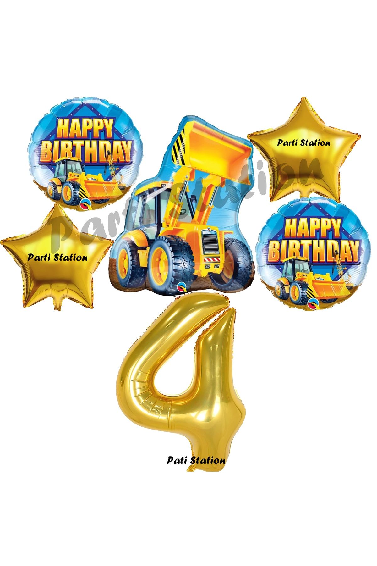 Parti Station İnşaat Konsept 4 Yaş Doğum Günü Balon Set Kamyon Kepçe Balon ve Gold Rakam Balon Parti Set