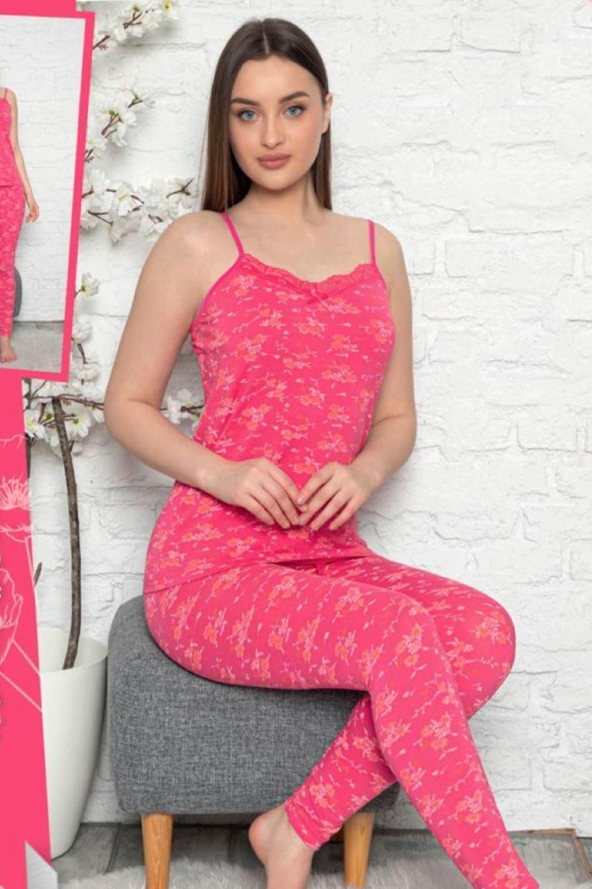 EMINNA İp Askılı Likralı Desenli Gul Kurusu Renk Kadın Pijama Takımı