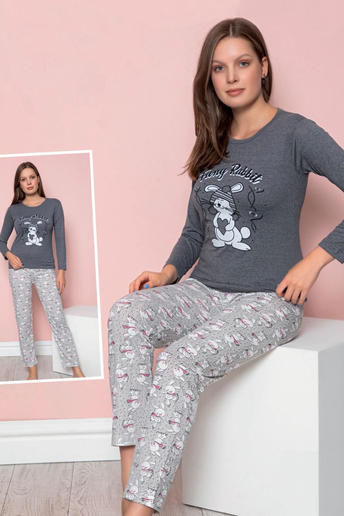 EMINNA Karışık Baskılı Uzun Kol Acik Gri Renk Kadın Pijama Takımı