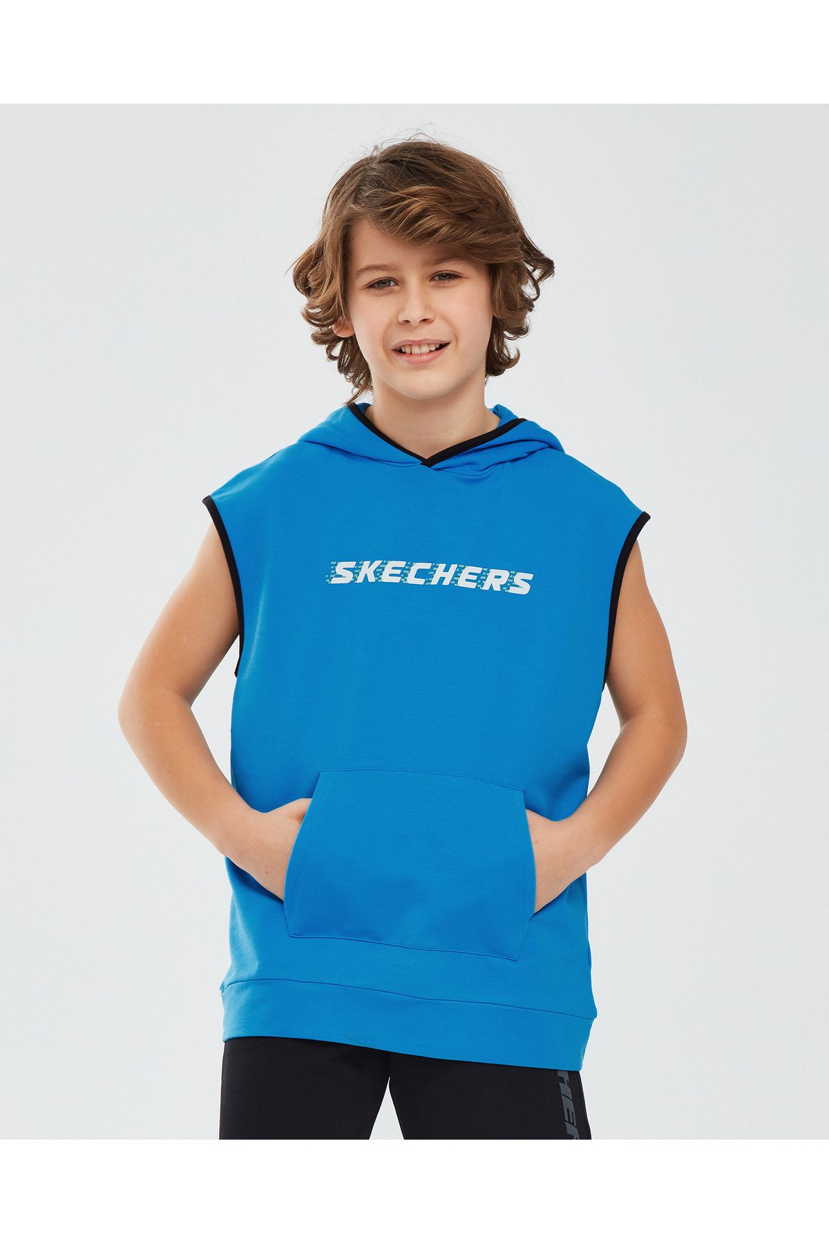 Skechers Lightweight Fleece Two Yarn B Sleeveless Hoodie Sweatshirt Büyük Erkek Çocuk Mavi Sweatshirt Sk24111