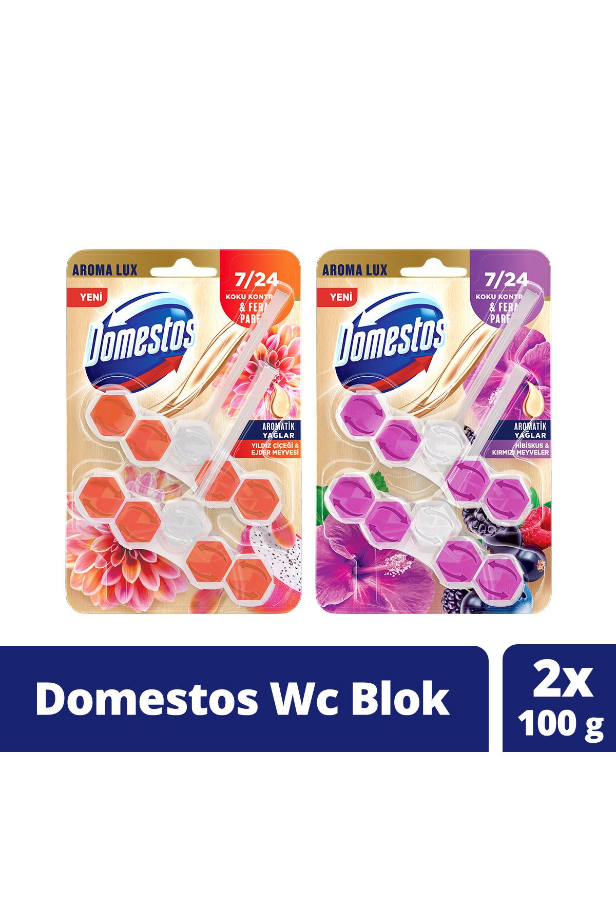 Domestos Tuvalet Bloğu Aroma Lux Yıldız Çiçeği Ejder Meyvesi 100g + Hibiskus Kırmızı Meyveler 100g