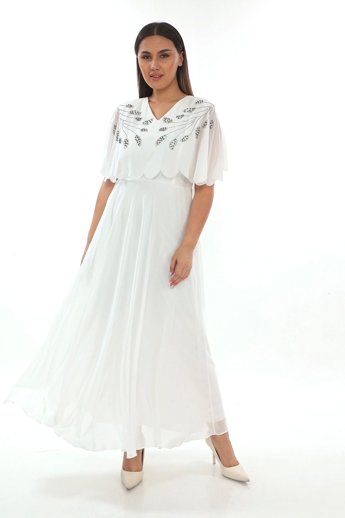 lodmela Taş Ve İnci Detaylı Büyük Beden Elbise 2212- Beyaz