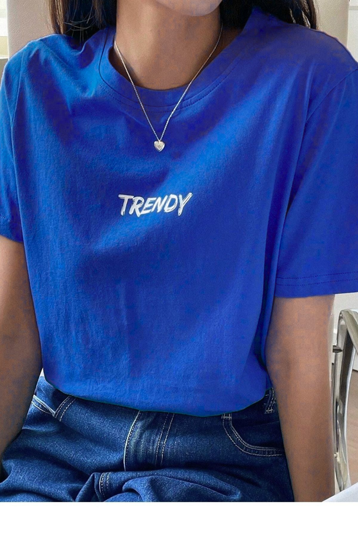 DUBU BUTİK Trendy Oversize Saks Mavi Baskılı T-shirt Unisex Rahat Kalıp - Bisiklet Yaka Kısa Kol Tişört